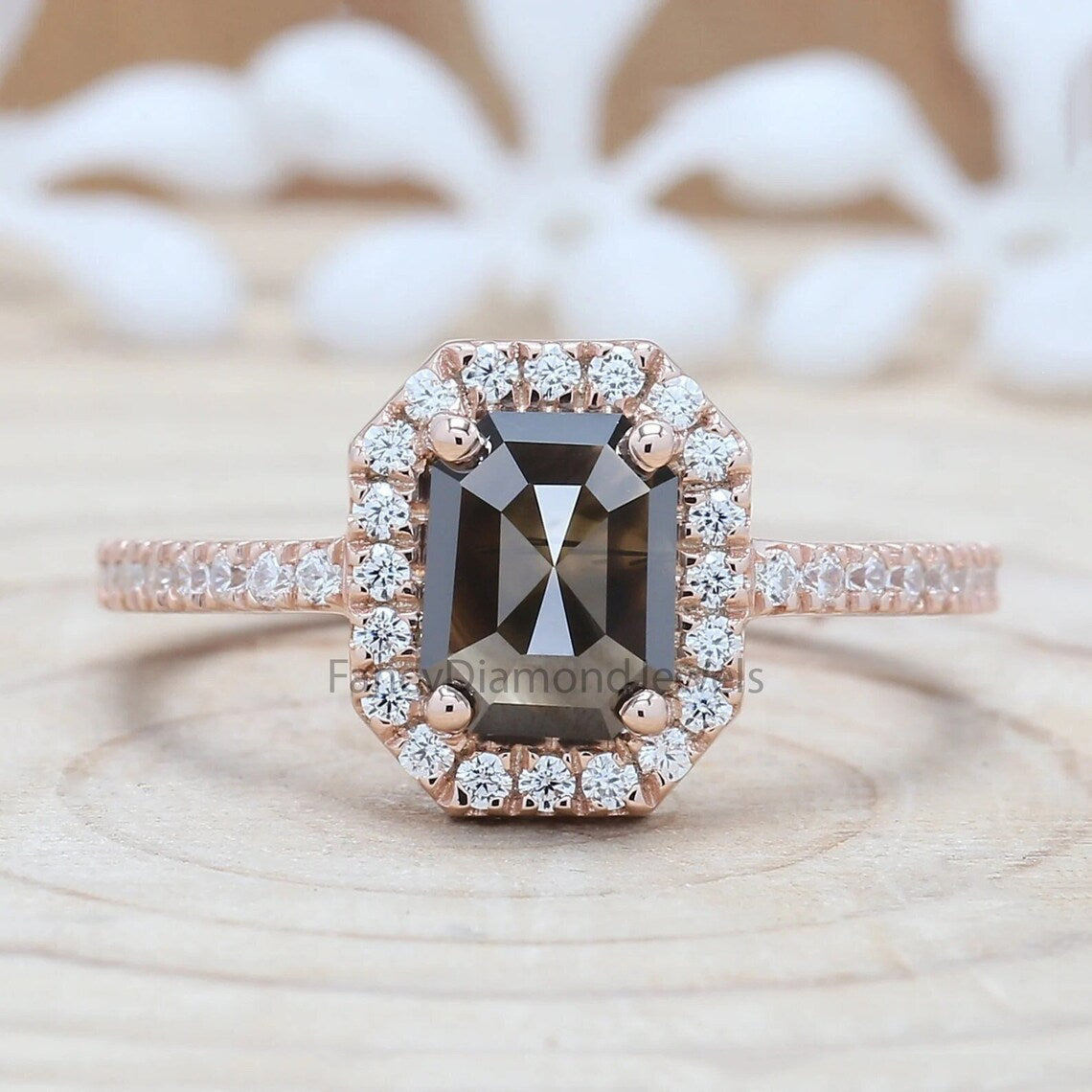 Emerald Cut Black Color Diamond Ring 1.38 Ct 7.00 MM Emerald Diamond Ring 14K Solid Rose Gold Silver Engagement Ring Gift For Her QK2087