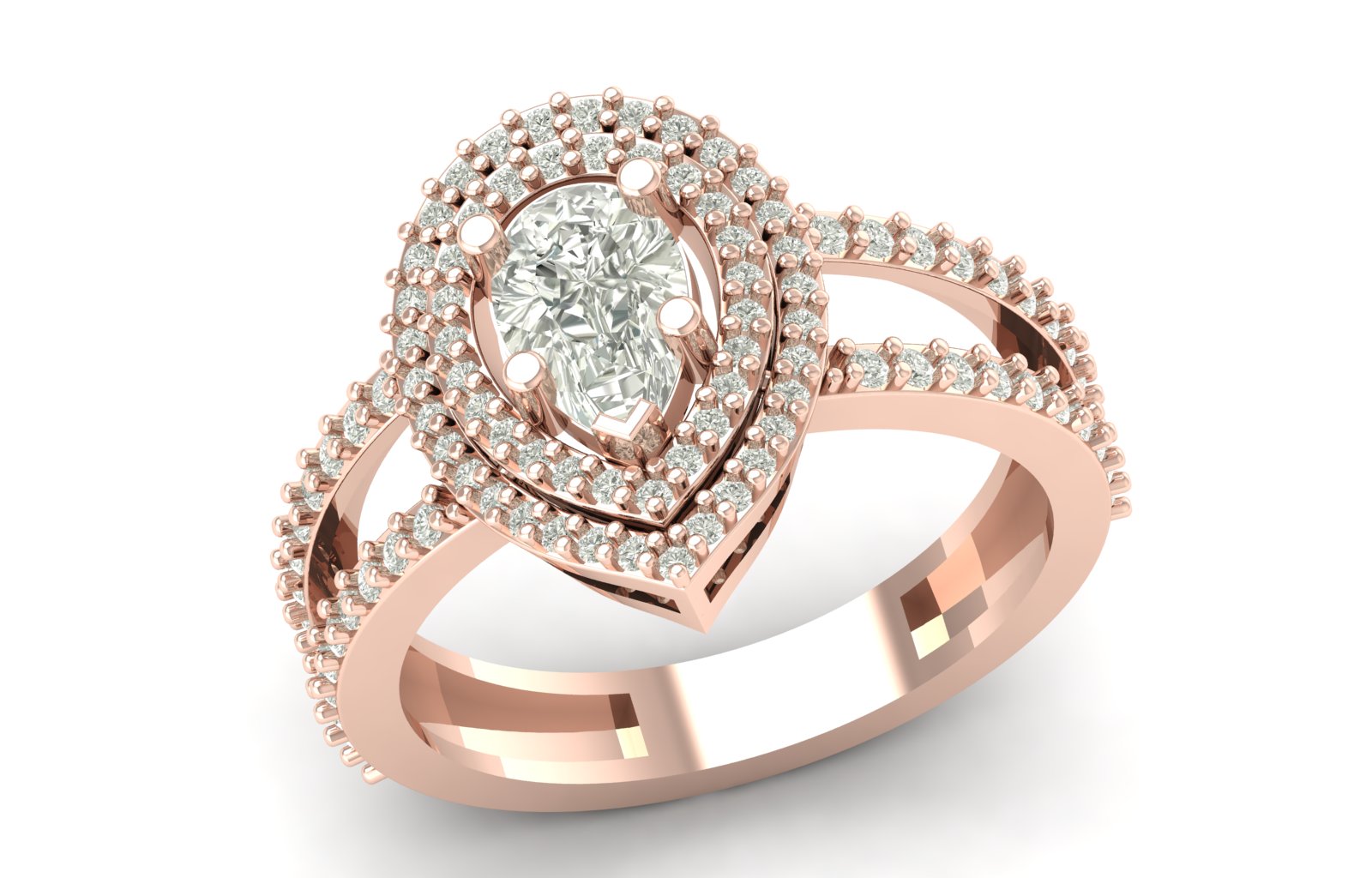 1.21 TW Unique Design Ring Pear Cut Lab Grown Diamond Ring Double Halo Set Engagement Ring Split Band Wedding Ring PR615