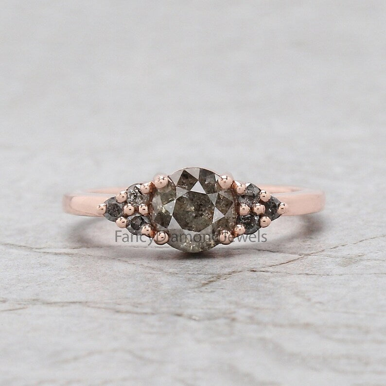 1.04 Ct Natural Round Shape Salt And Pepper Diamond Ring 6.22 MM Round Cut Diamond Ring 14K Solid Rose Gold Silver Engagement Ring QN2192