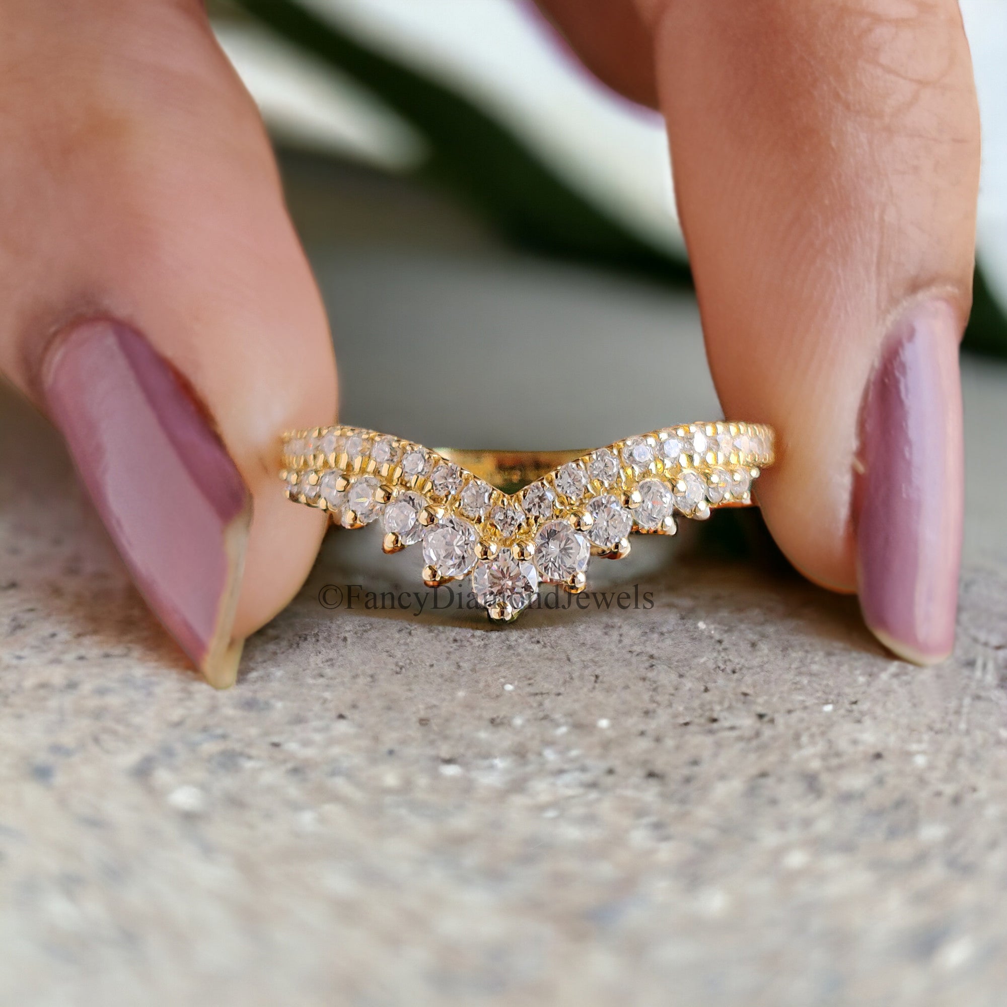 Vintage Diamond wedding band Yellow gold Round cut moissanite matching band Stacking Band curved wedding band Unique Anniversary ring FD41