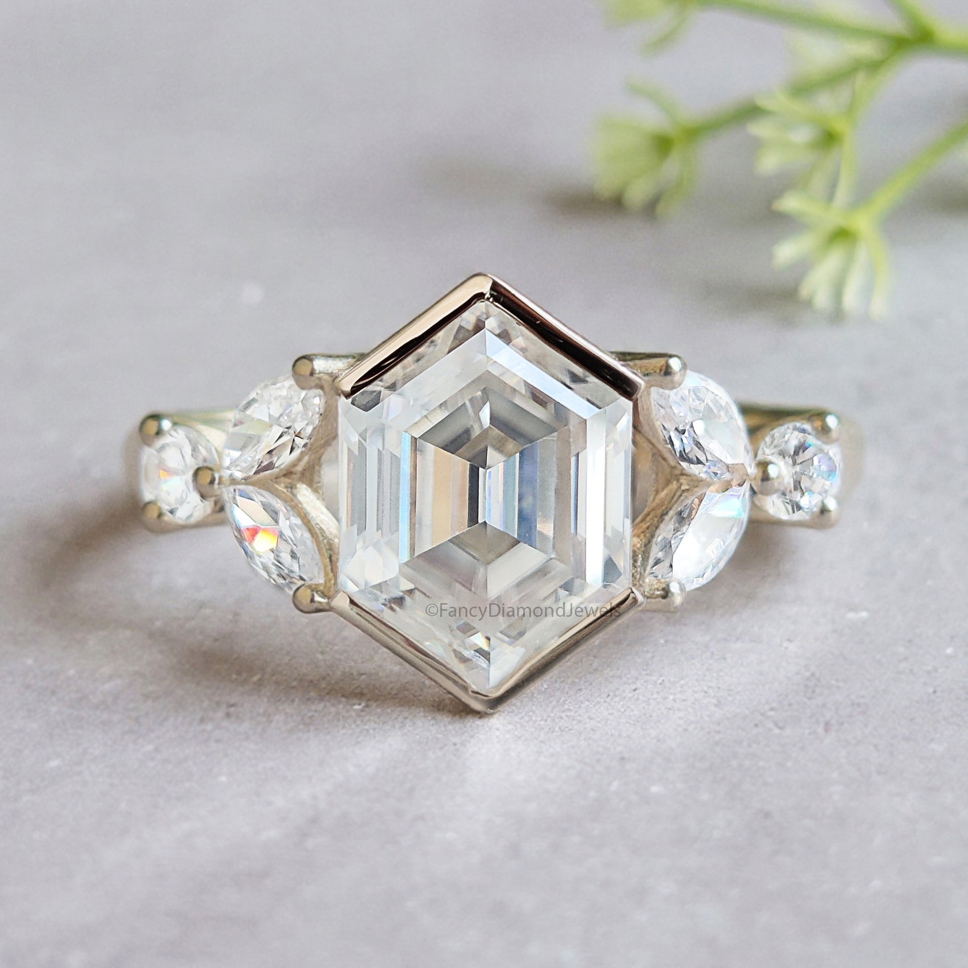 2.35 CT Hexagon cut Lab Grown Diamond Engagement Ring Side Three Stone Diamond ring Half Bezel Set Hexagon Ring for Her Wedding Ring FD470