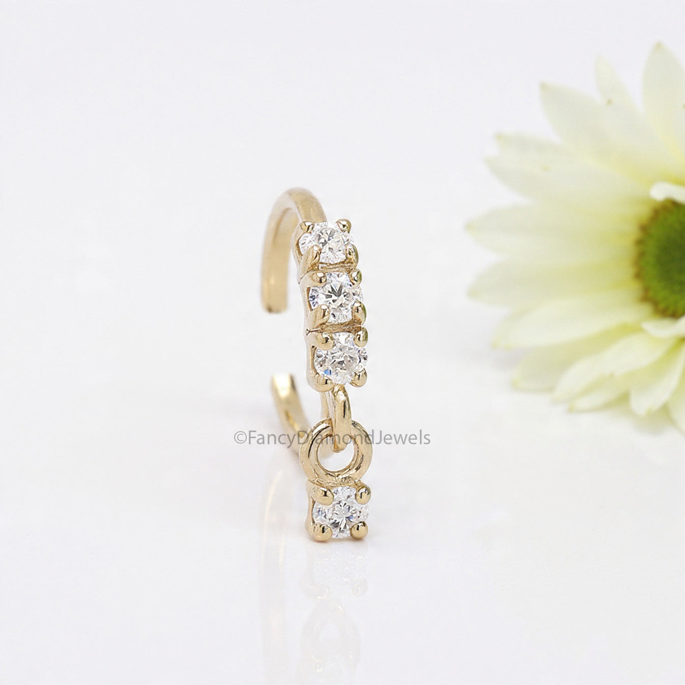 3 Diamond Gold Nose Ring With Diamond Dangling End Yellow Gold Nose Ring Gold Nose Ring Diamond Nose Stud Hoop FD486