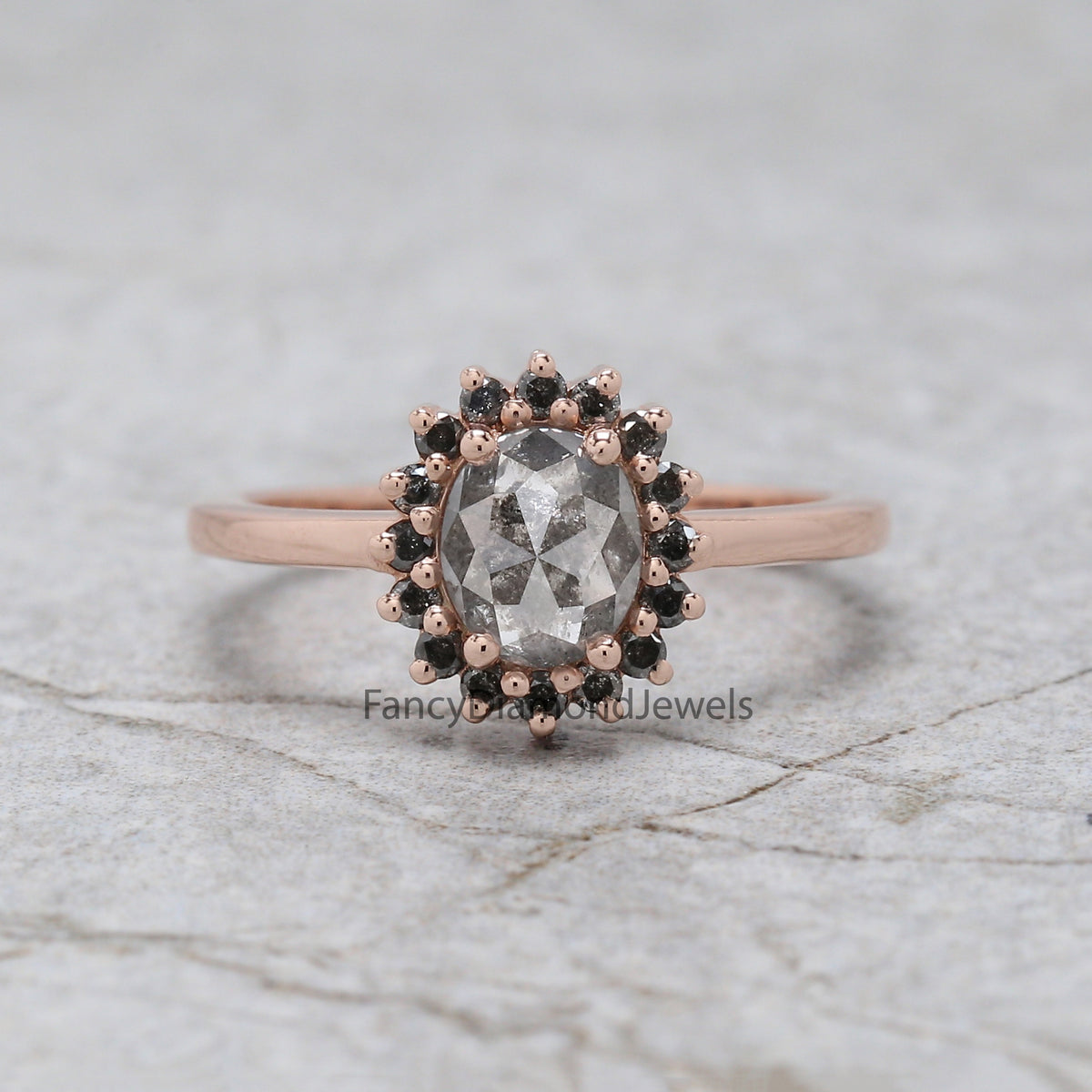 1.06 Ct Natural Oval Salt And Pepper Diamond Ring 6.55 MM Oval Cut Diamond Ring 14K Solid Rose Gold Silver Engagement Ring Oval Ring QL1791