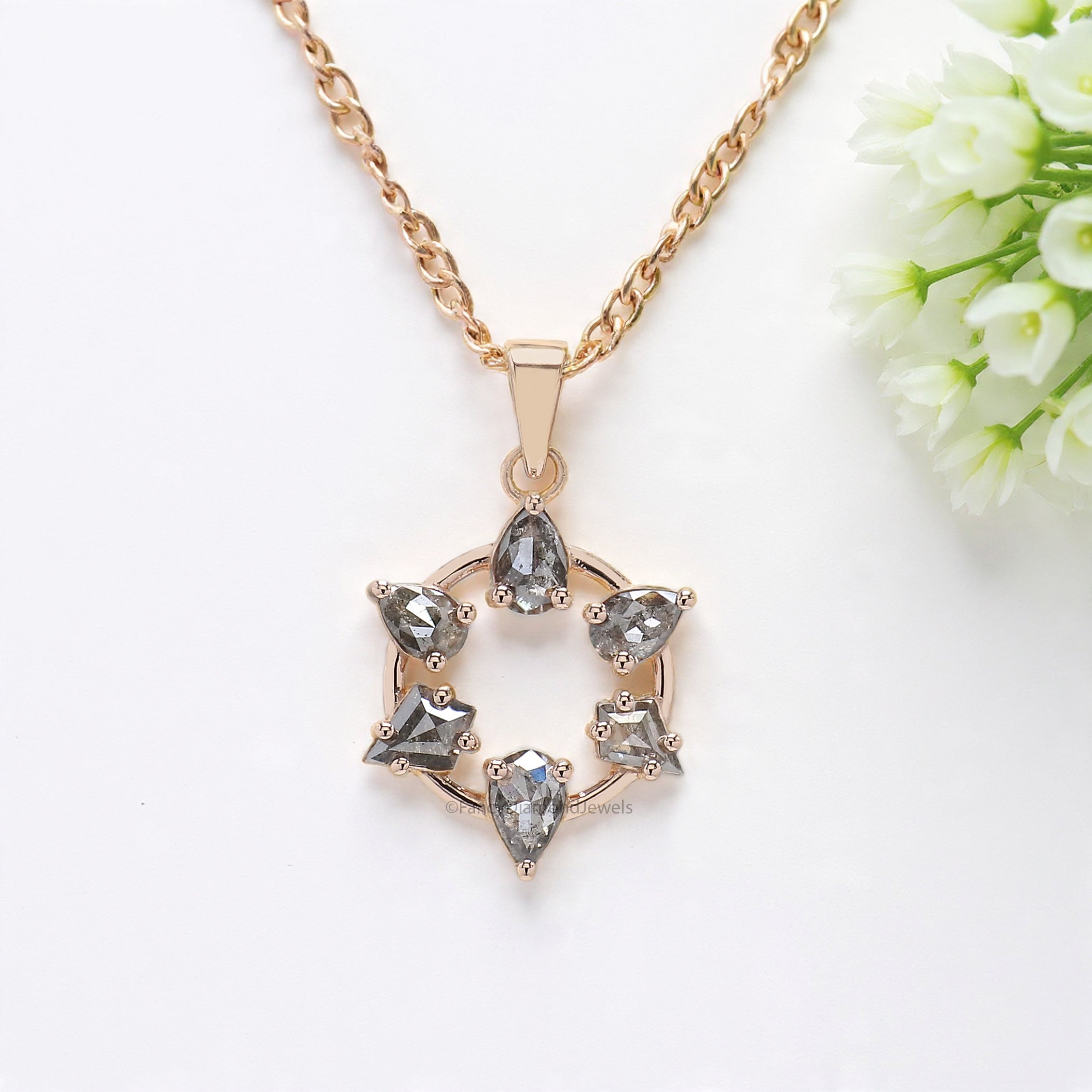 0.49 Ct Mix Shape Salt And Pepper Diamond Pendant Mix Shape Diamond Pendant 14K Solid Rose Gold Silver Engagement Pendant KDN2385