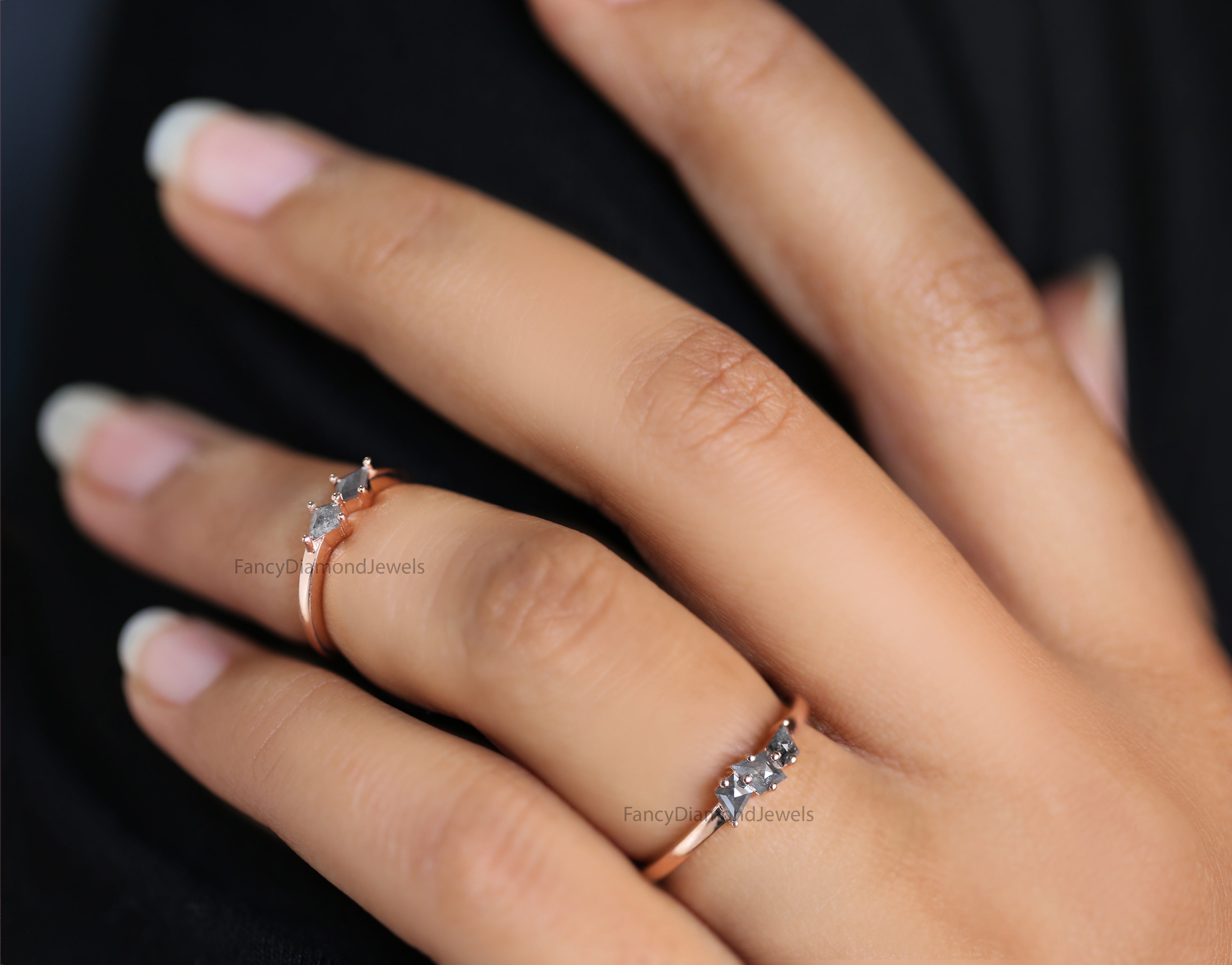 Salt And Pepper Pair Diamond Midi Ring, Kite Shape Engagement Ring, Salt And Pepper Diamond Ring, Full Finger Ring, Finger pair Ring KDN2297