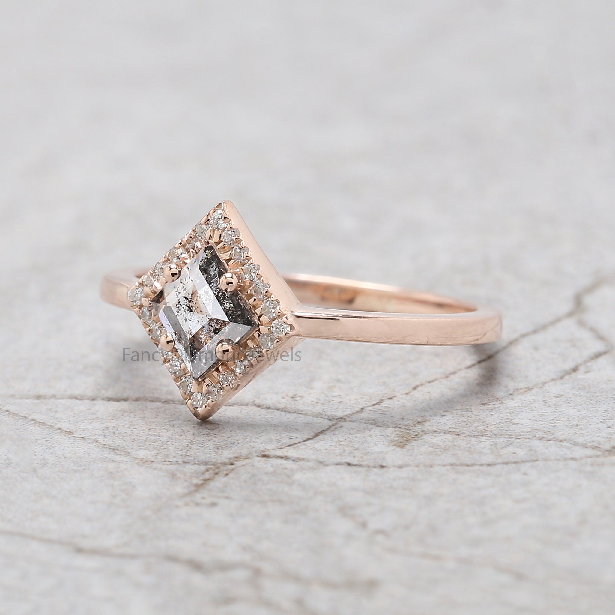 Kite Salt And Pepper Diamond Ring, Natural Kite Diamond Ring, Kite Diamond Engagement Ring, Kite Halo Diamond Ring, Kite Cut Ring KD1124