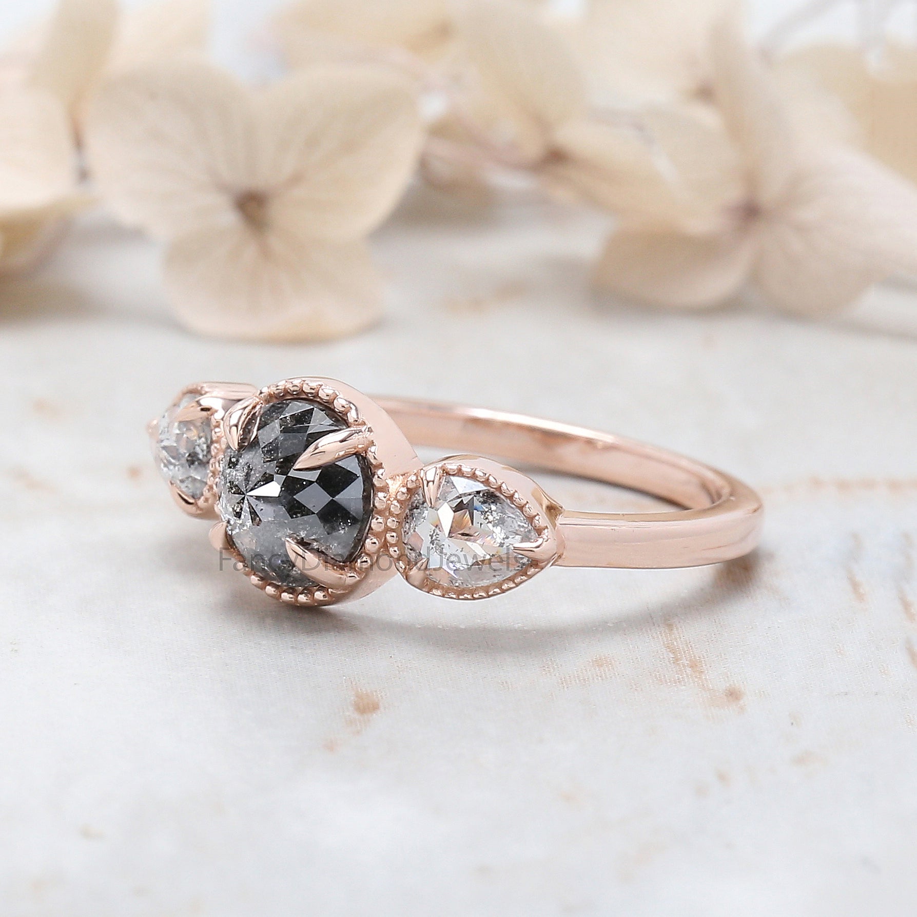 Round Rose Cut Salt And Pepper Diamond Ring 1.16 Ct 6.45 MM Round Diamond Ring 14K Rose Gold Silver Engagement Ring Gift For Her QN9777