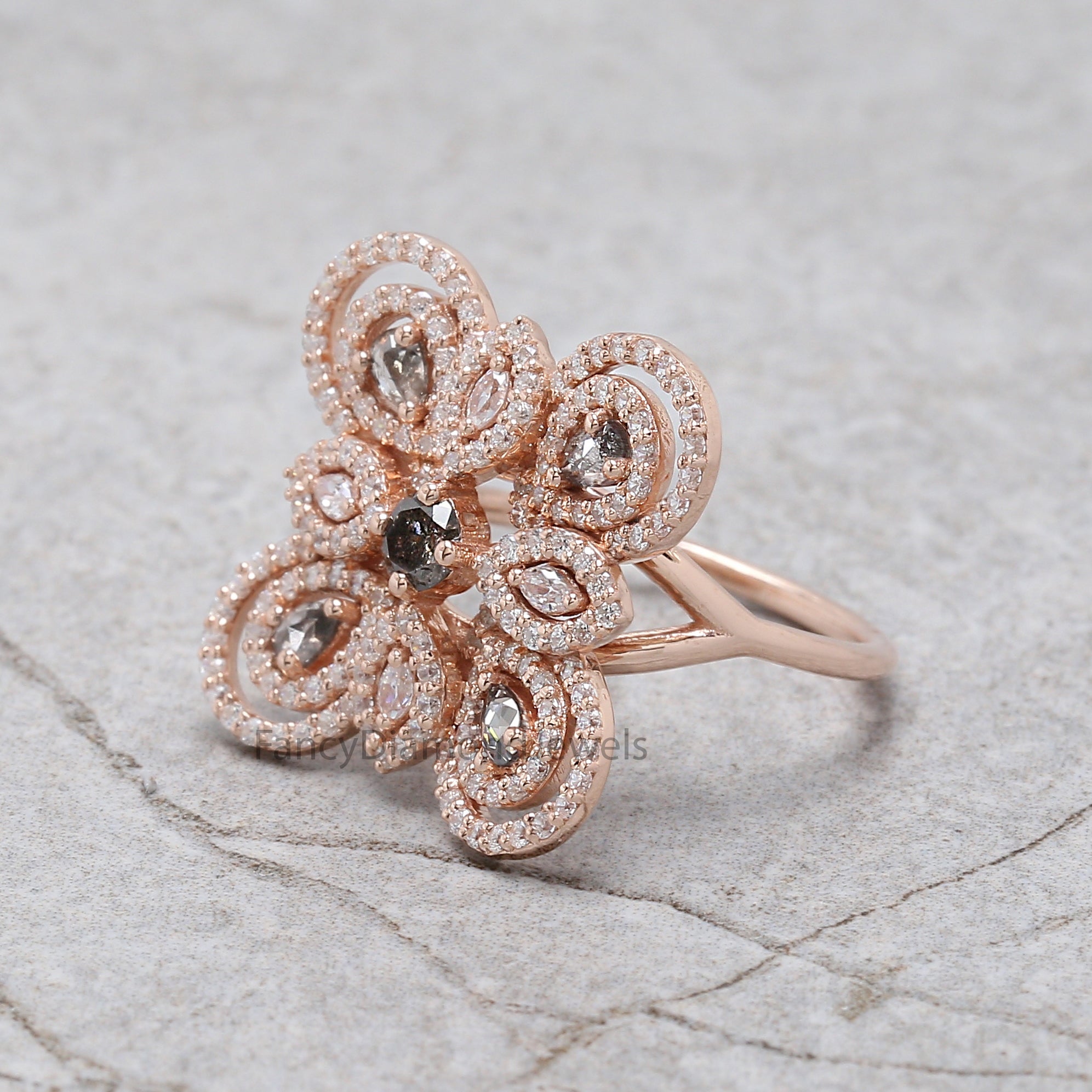 Round salt and pepper Diamond Ring, Salt and pepper Pear Diamond Engagement Ring, Marquise Cut Natural Diamond Ring, Round Shape Ring KD1173