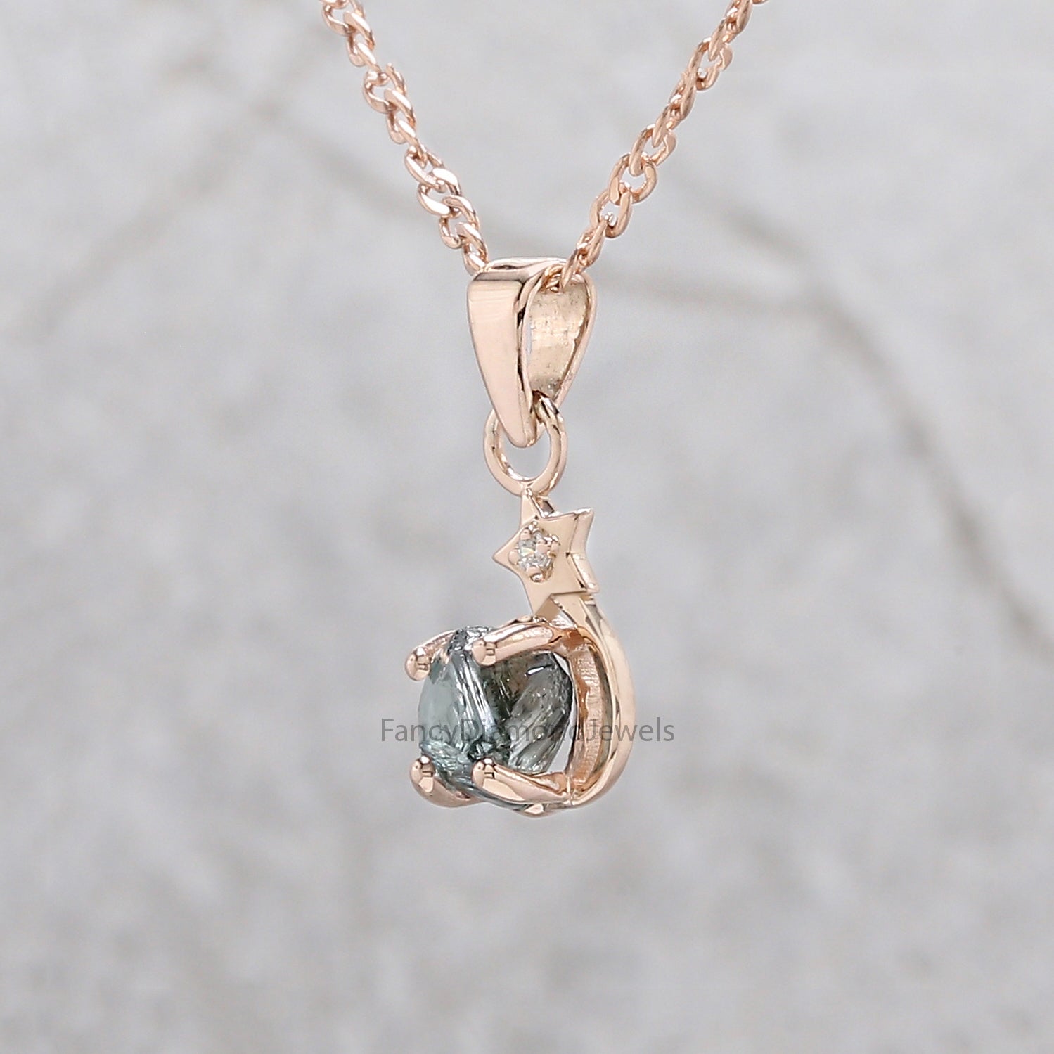 Rough Blue Color Diamond Pendant 1.01 Ct 5.81 MM Rough Diamond Pendant 14K Solid Rose Gold Silver Engagement Pendant Gift For Her QL2323