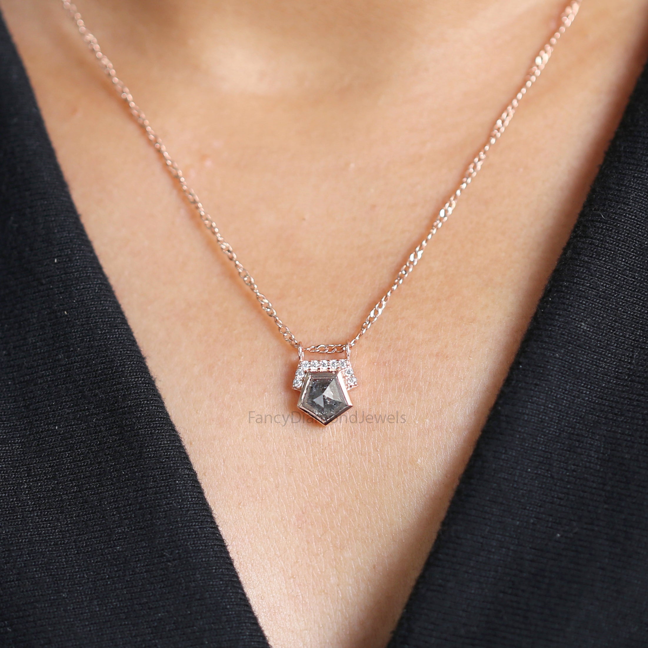 Pentagon Cut Salt And Pepper Diamond Pendant 1.31 Ct 6.75 MM Pentagon Shape Diamond Pendant 14K Rose Gold Silver Engagement Pendant QN521