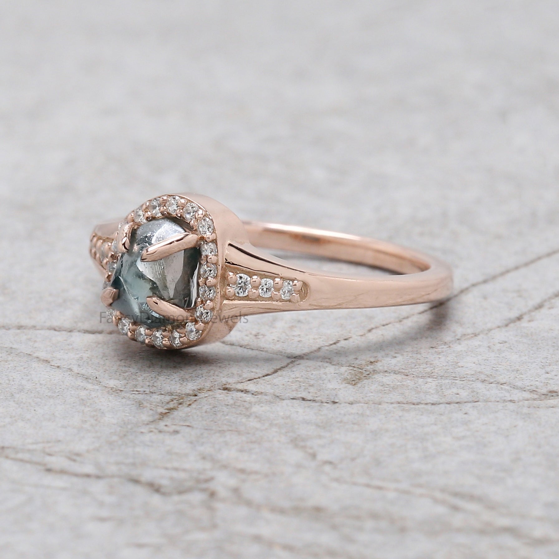 Rough Blue Color Diamond Ring 1.12 Ct 6.12 MM Crystal Rough Diamond Ring 14K Solid Rose Gold Silver Engagement Ring Gift For Her QL2319
