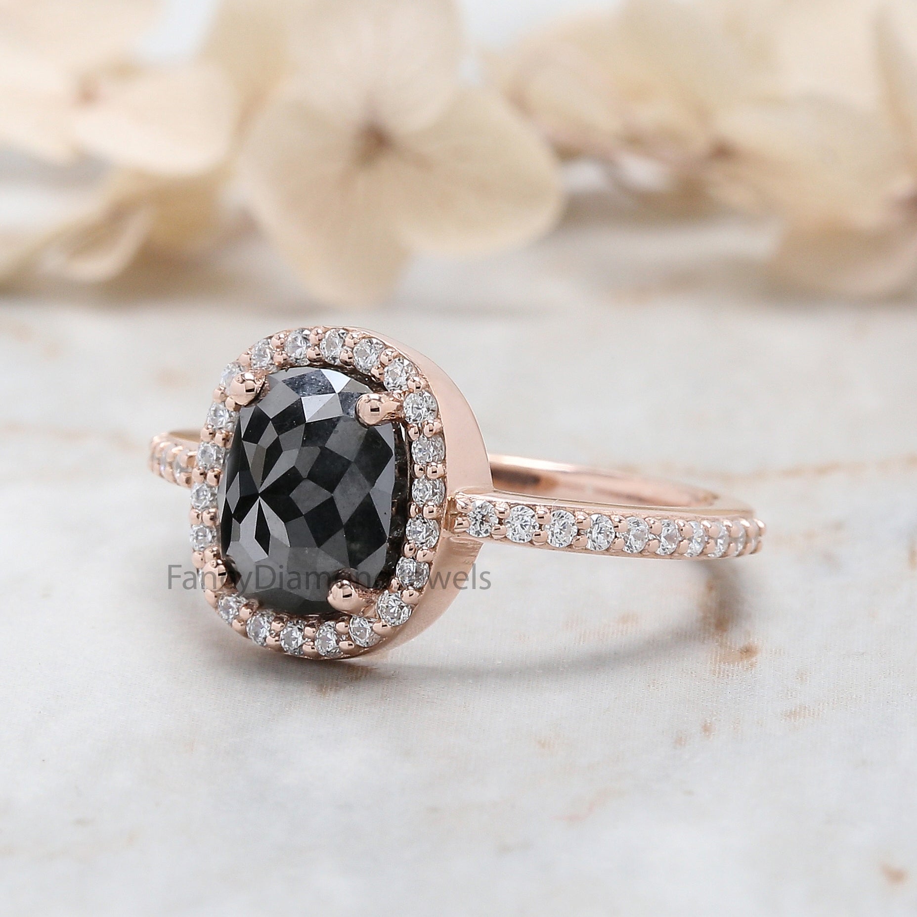 Cushion Shape Black Color Diamond Ring 2.21 Ct 8.30 MM Cushion Diamond Ring 14K Solid Rose Gold Silver Engagement Ring Gift For Her QL3068