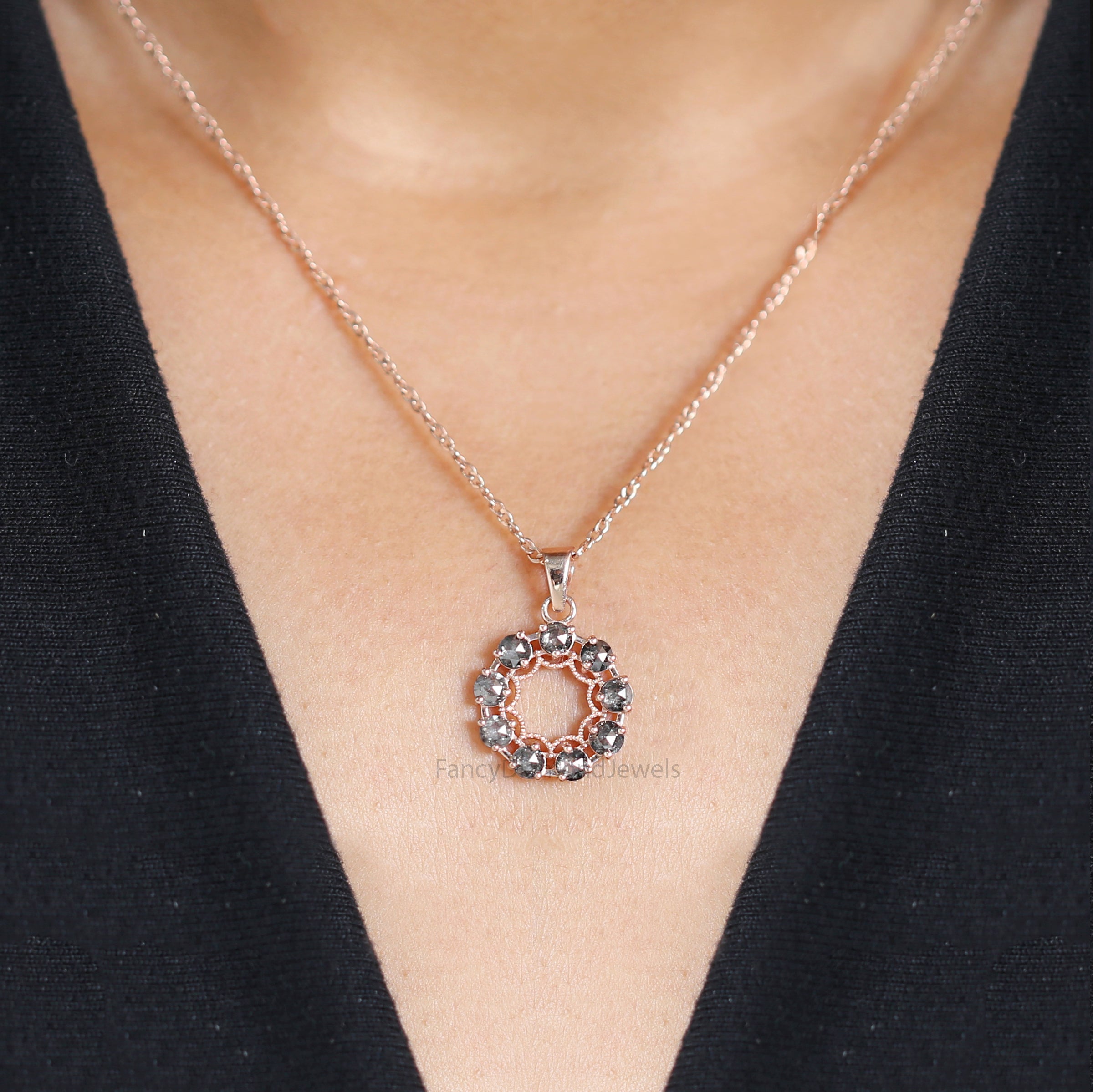 Round Rose Cut Salt And Pepper Diamond Pendant, Unique Diamond Pendant, Round Cut Diamond Pendant, Dangling Diamond Pendant KD1185