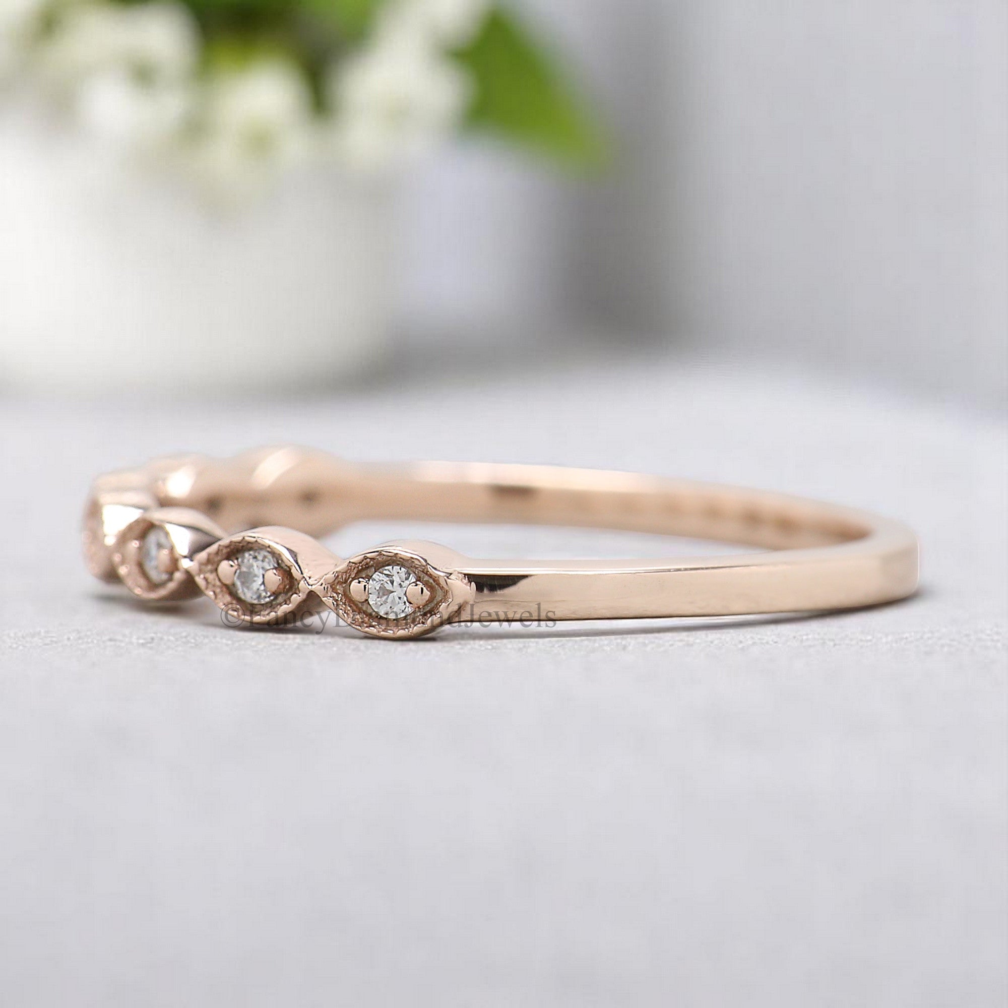 Silver/10K/14K/18K Band 1.20 MM Round Diamond Wedding Band Half Eternity Minimalist stacking dainty matching ring Boat setting ring KD903