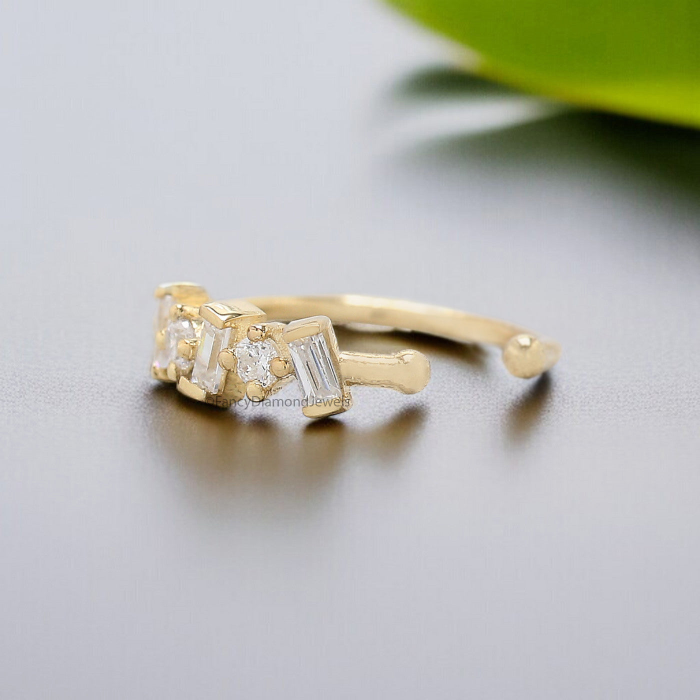 Dainty Baguette & Round Brilliant Cut Colorless Moissanite Diamond Ear Cuff Conch Ear Cuff Yellow Gold Ear Wrap FD329