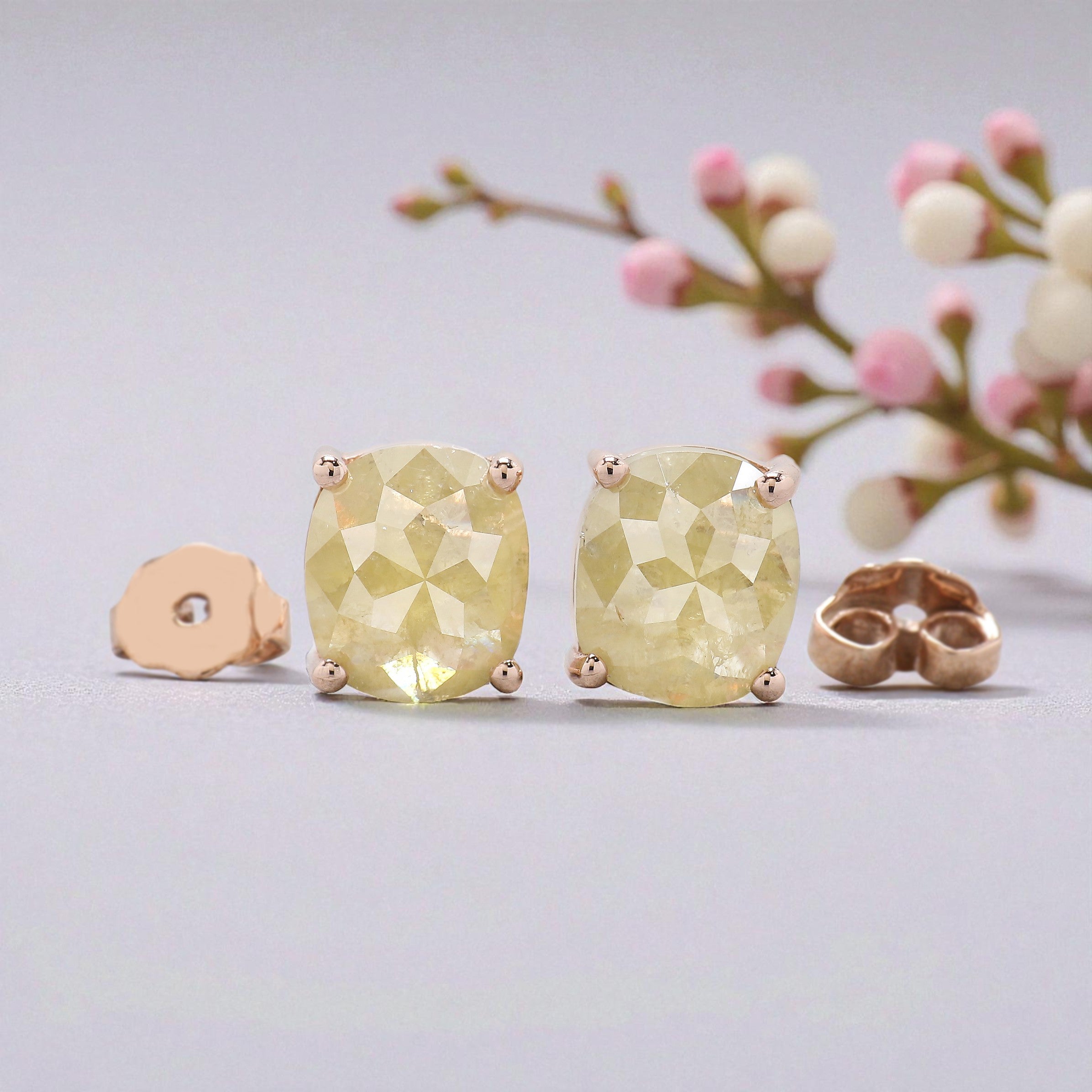 Cushion Yellow Color Diamond Earring 3.01 Ct 7.90 MM Cushion Diamond Earring 14K Rose Gold Silver Engagement Earring Gift For Her KDN9872