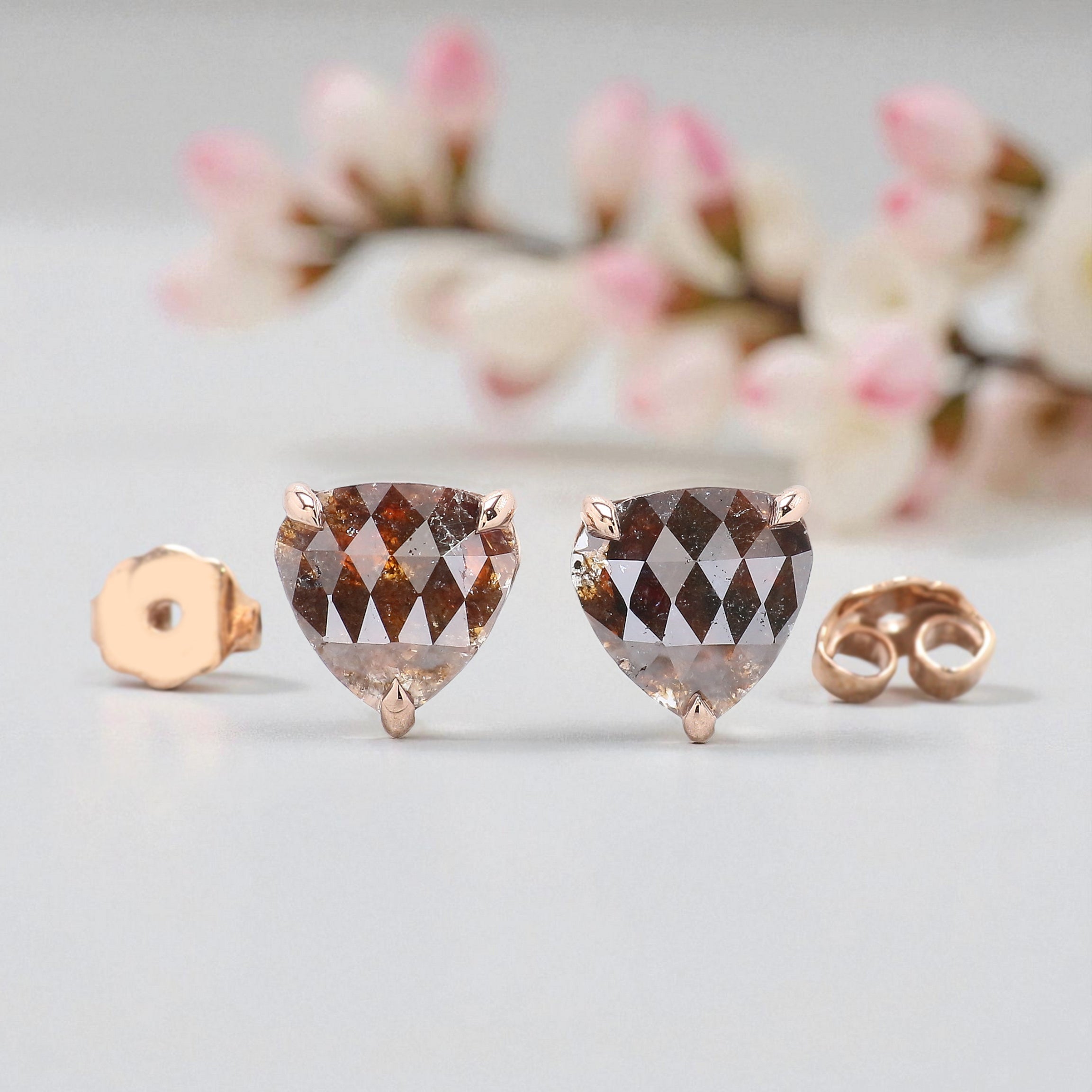 Heart Brown Color Diamond Earring 2.58 Ct 7.80 MM Heart Diamond Earring 14K Solid Rose Gold Silver Rose Cut Earring Gift For Her KDL6880
