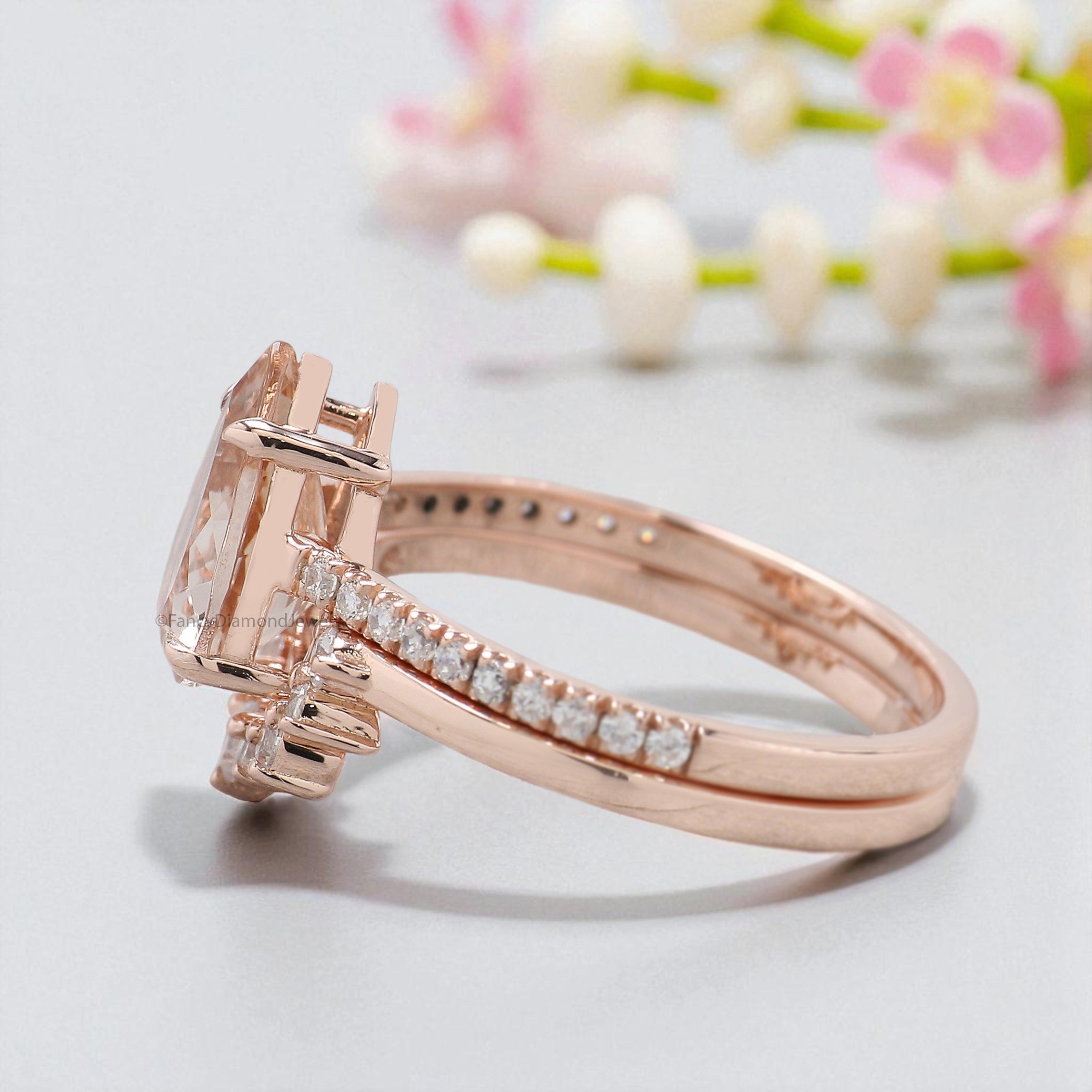 1.45 CT Pear Cut Natural Morganite Engagement Ring Set Rose Gold Ring Morganite Curved Wedding Ring Unique Vintage Ring Gift For Her FD447