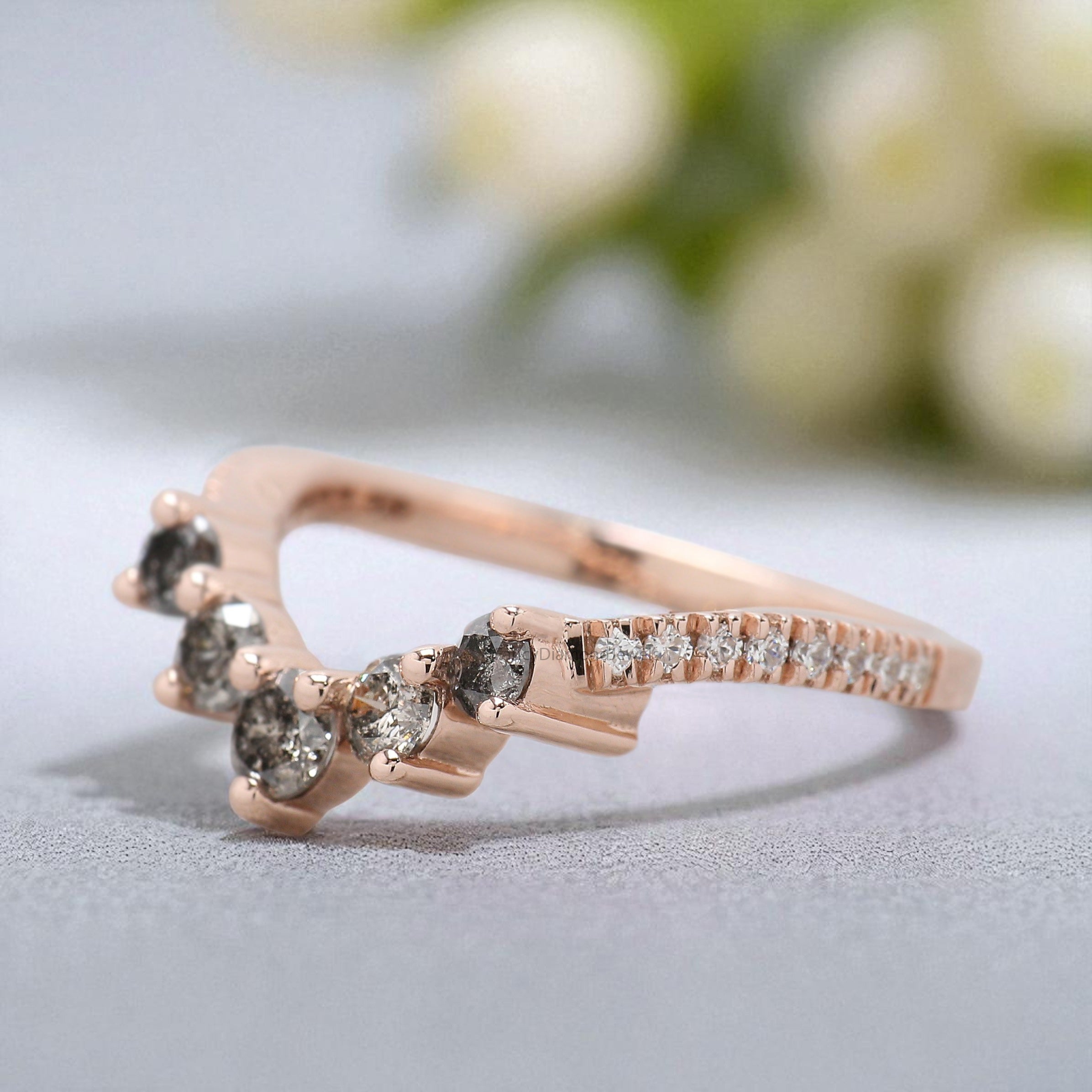 Curved wedding band 0.77 TW Round Salt And Pepper Diamond ring Chic Thin V Shaped band Silver/10K/14K/18K Band Half eternity band KD875