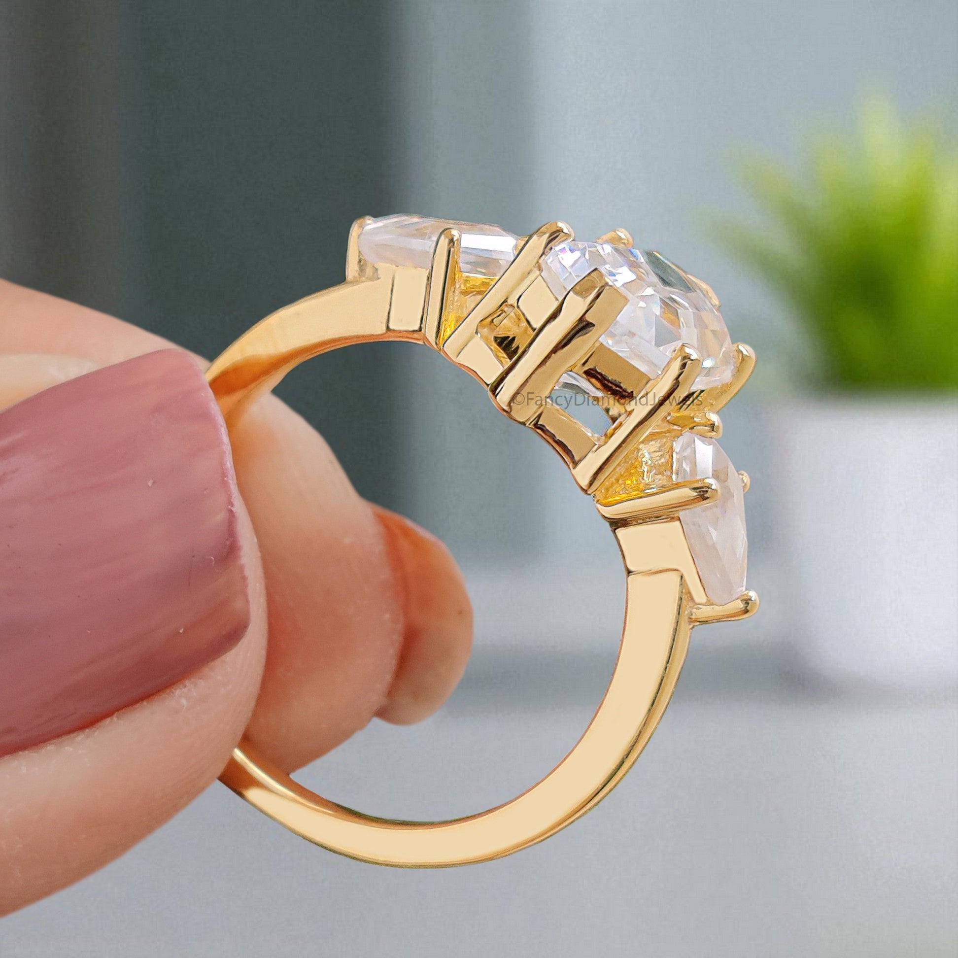 4.55 CT Hexagon Cut Simulated Diamond Engagement Ring 3 Stone Ring Yellow Gold Ring Anniversary Ring Simulant ring Gift For Her FD395