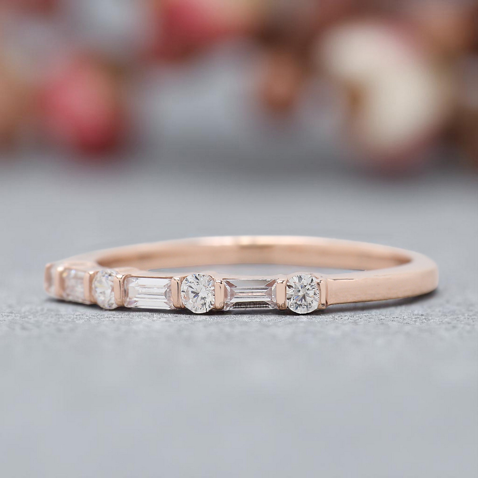 Baguette And Round Diamond Wedding Band Silver/10K/14K/18K Gold Half Eternity Minimalist stacking dainty matching anniversary ring KD893