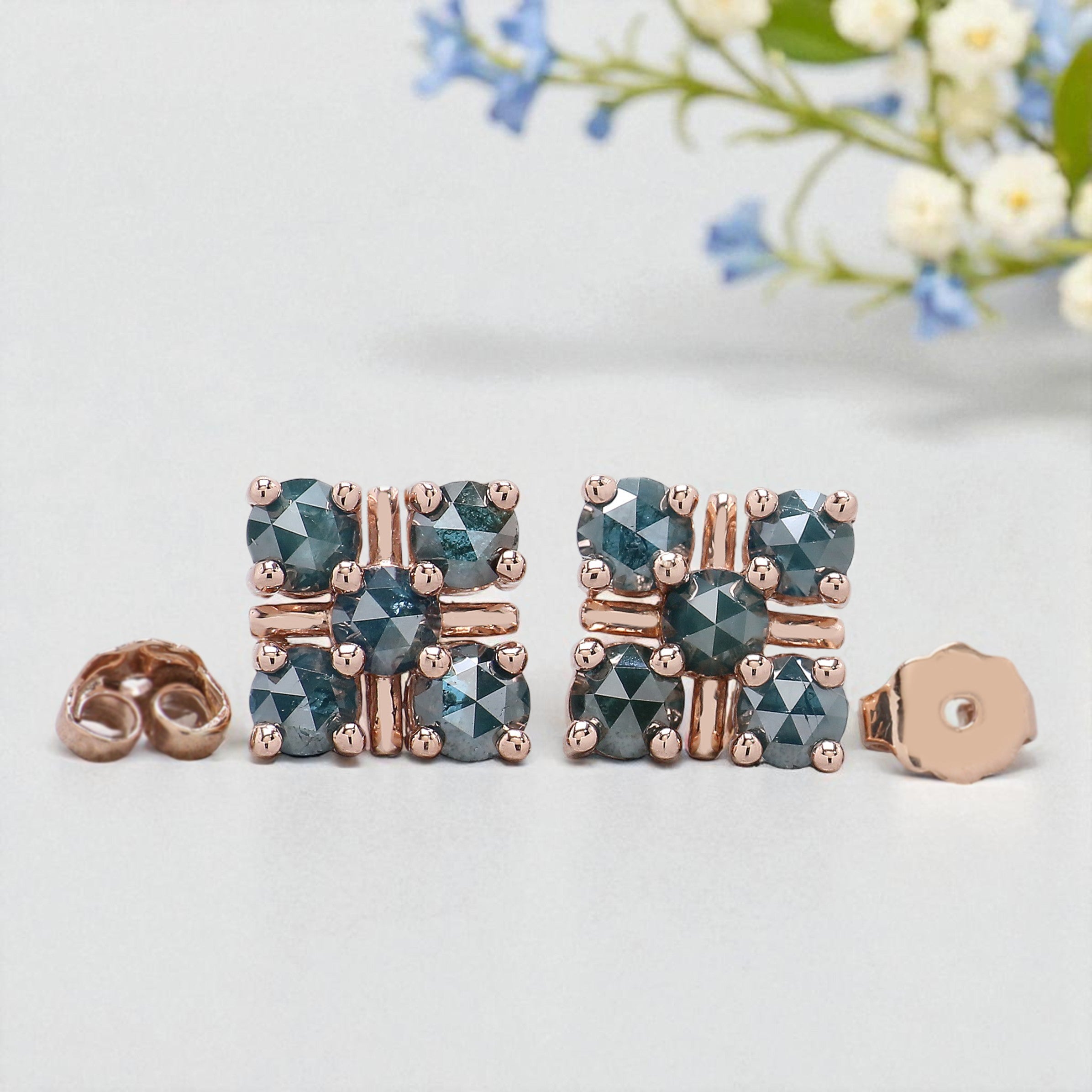 Round Rose Cut Blue Color Diamond Earring 2.03 Ct 3.90 MM Round Diamond Earring 14K Rose Gold Silver Engagement Earring Gift For Her QL2414