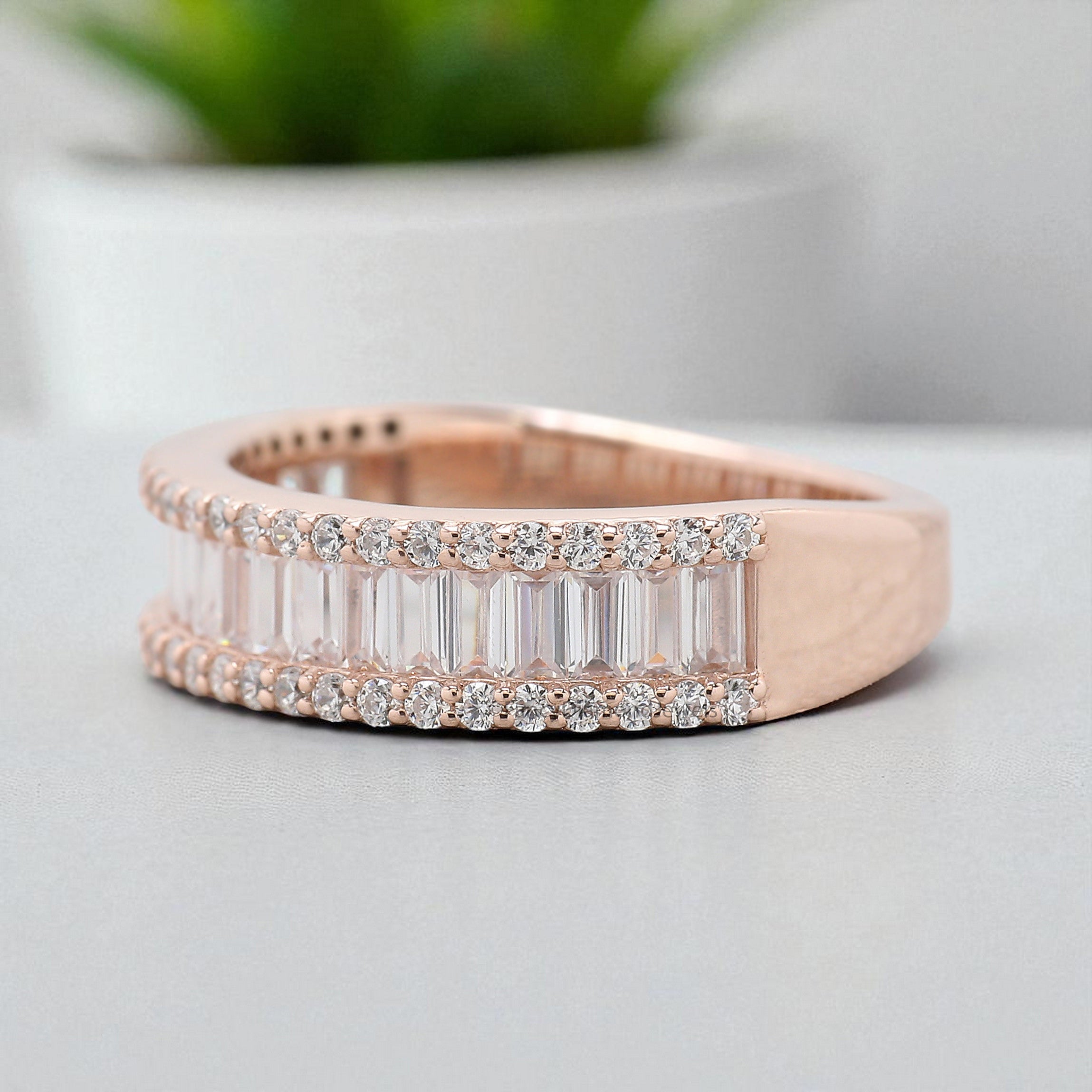 Natural Round / Baguette Diamond Wedding Band Half Eternity Minimalist stacking dainty matching Band Silver/10K/14K/18K Gold Band KD1168