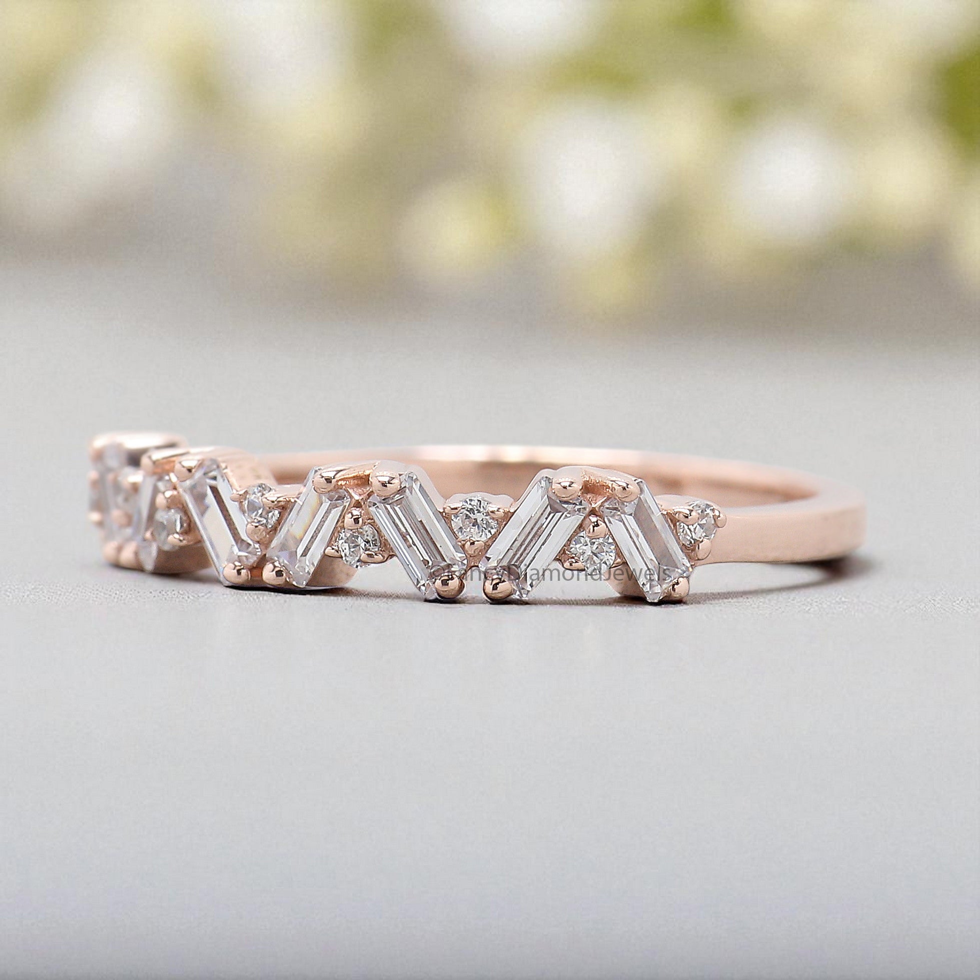Baguette And Round Diamond Wedding Band Silver/10K/14K/18K Gold Half Eternity Minimalist stacking dainty matching anniversary ring KD892
