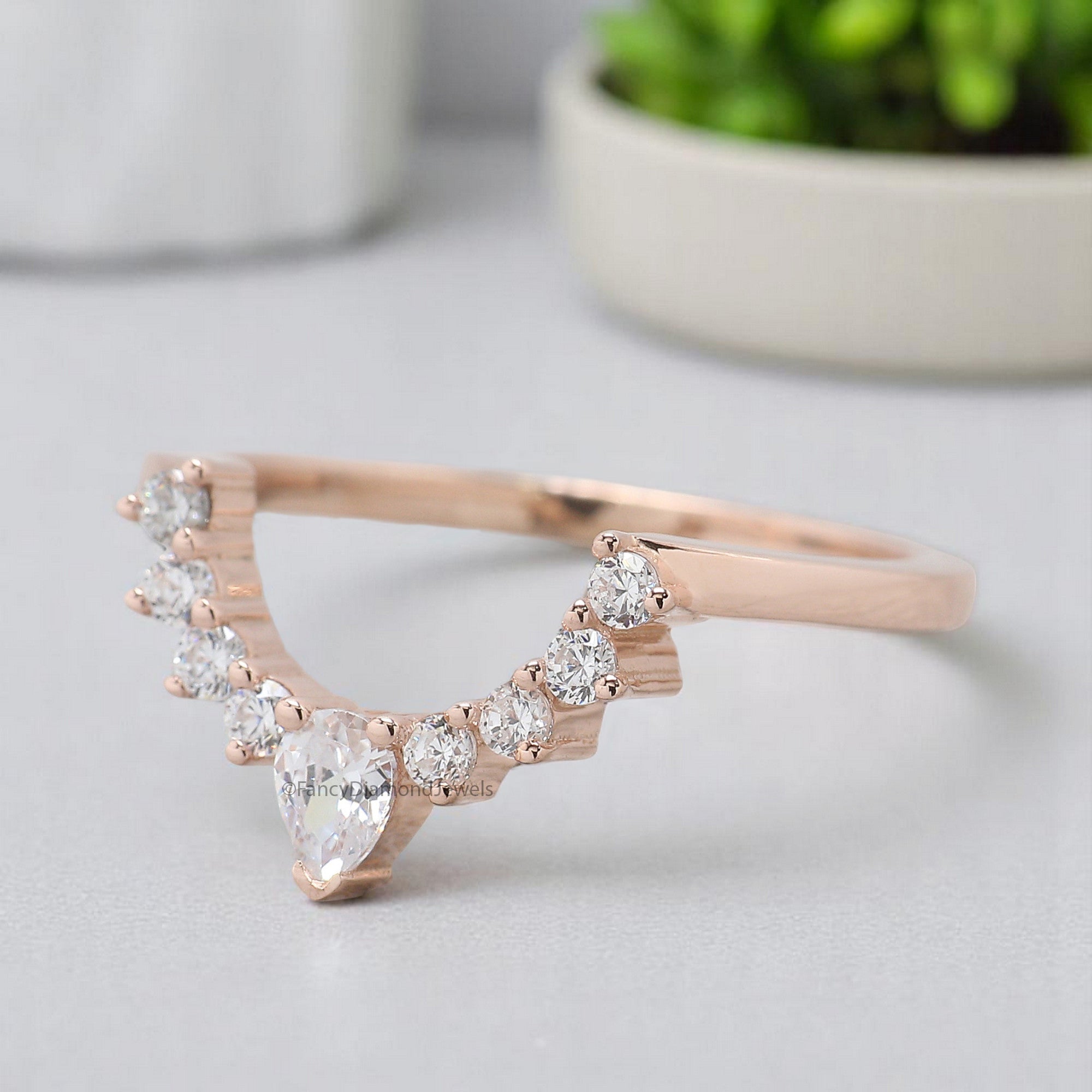 Curved wedding band Antique Pear cut Moissanite ring Silver/10K/14K/18K Band Unique Matching ring Half eternity Anniversary band FD373