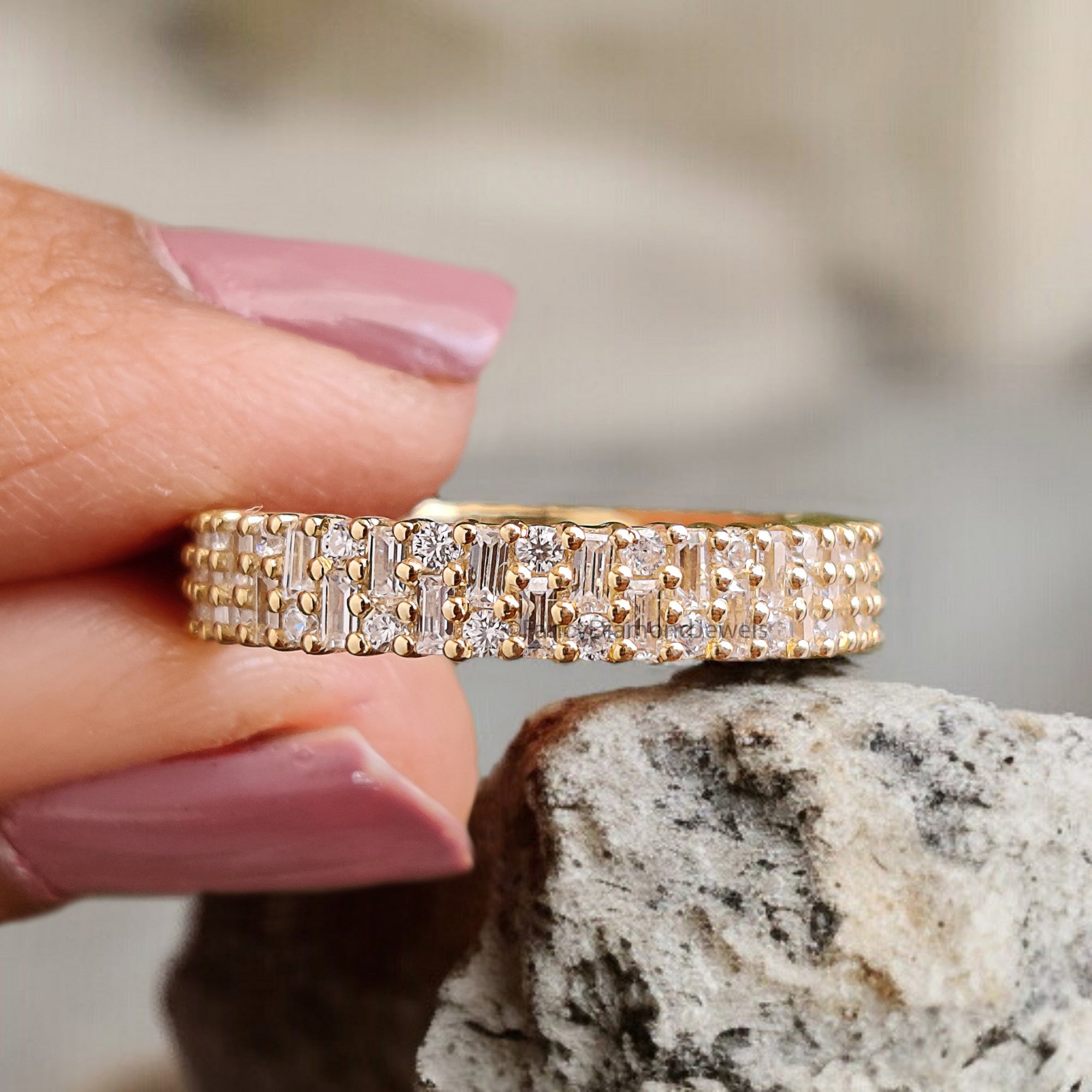 1.10 CT Baguette & Round Cut Moissanite Full Eternity Band Unique Wedding Band Anniversary Gift For Women Yellow Gold Stacking Band FD319