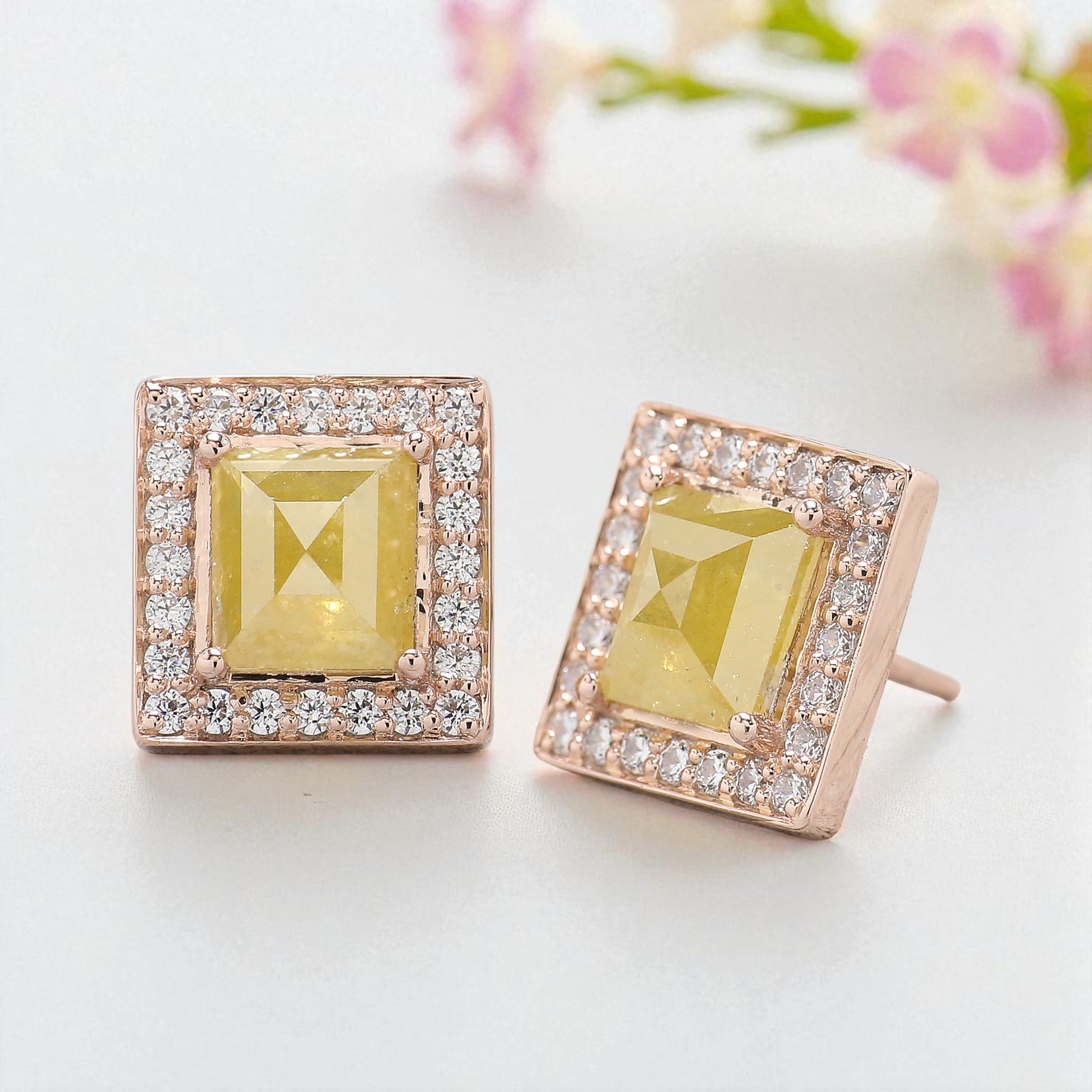 Rectangle Yellow Color Diamond Earring 2.37 Ct 8.30 MM Rectangle Diamond Earring 14K Solid Rose Gold Silver Earring Gift For Her KDN7986