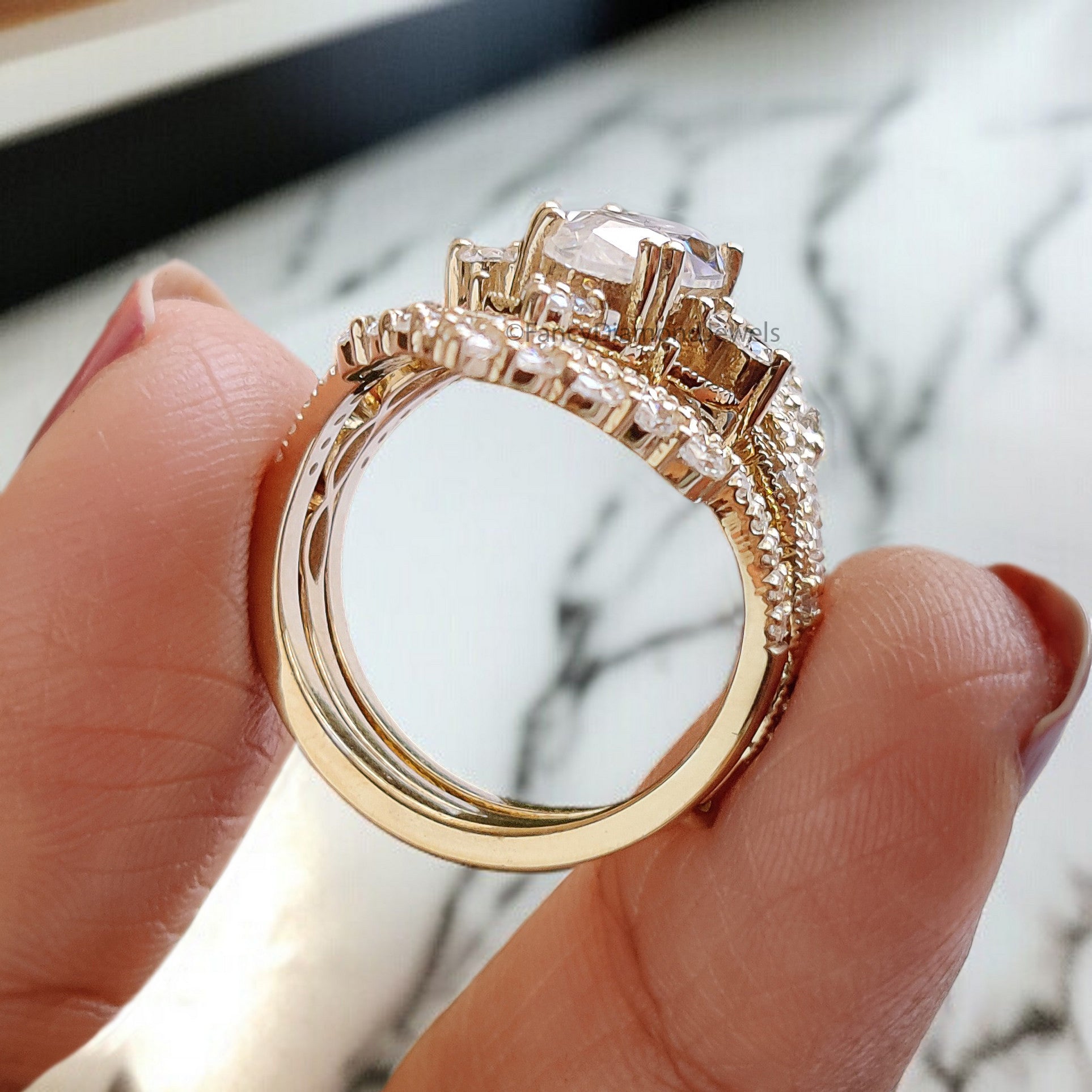 Marquise Moissanite Bridal Set 2pcs Moissanite Cage Ring Unique Engagement Ring Yellow Gold Vintage Wrap Ring Bridal Anniversary Ring FD318