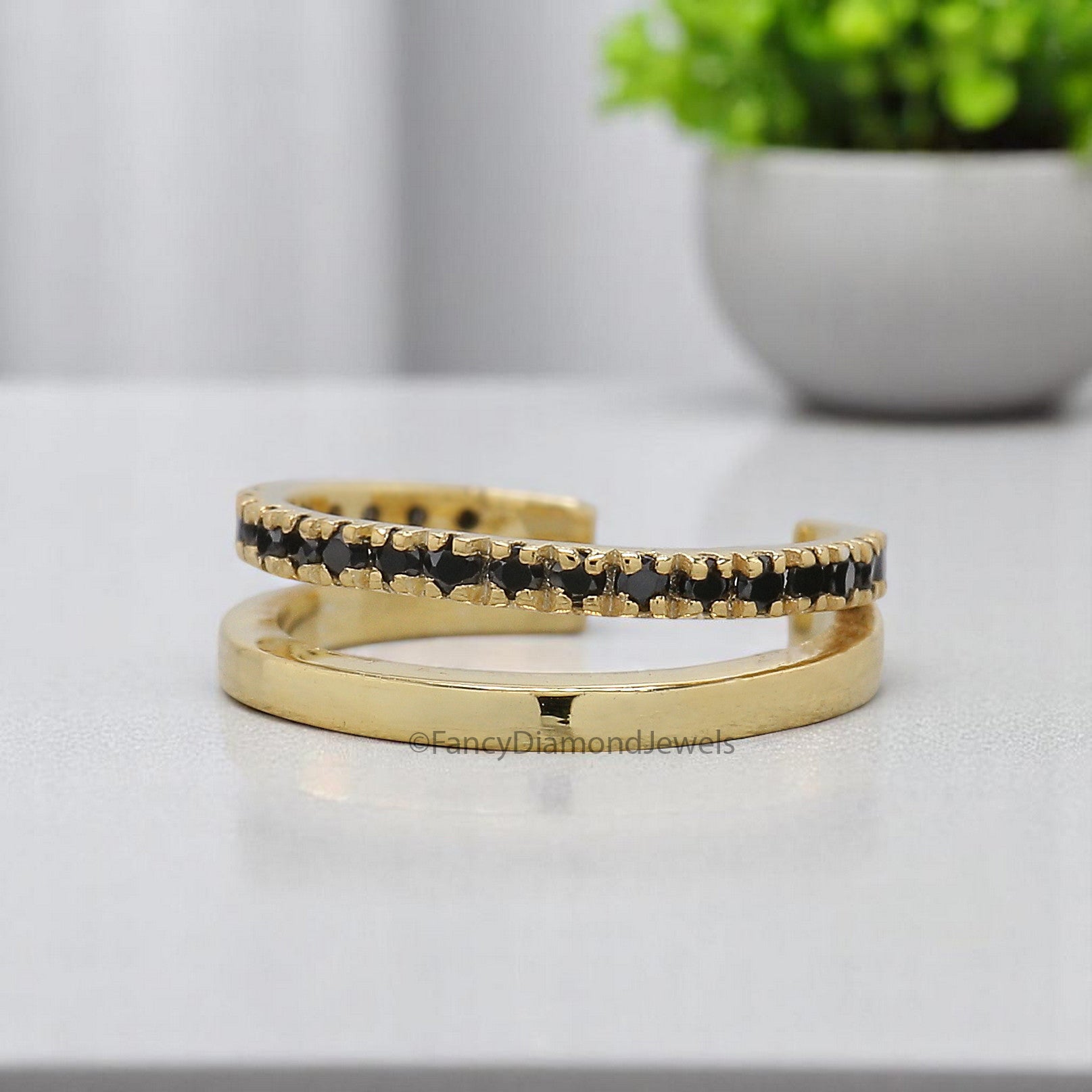 Round Brilliant Cut Black Color Diamond Ear Cuff Double Band Ear Cuff Dainty Ear Cuff Black Diamond Simulant Cuff Yellow Gold Ear Wrap FD354