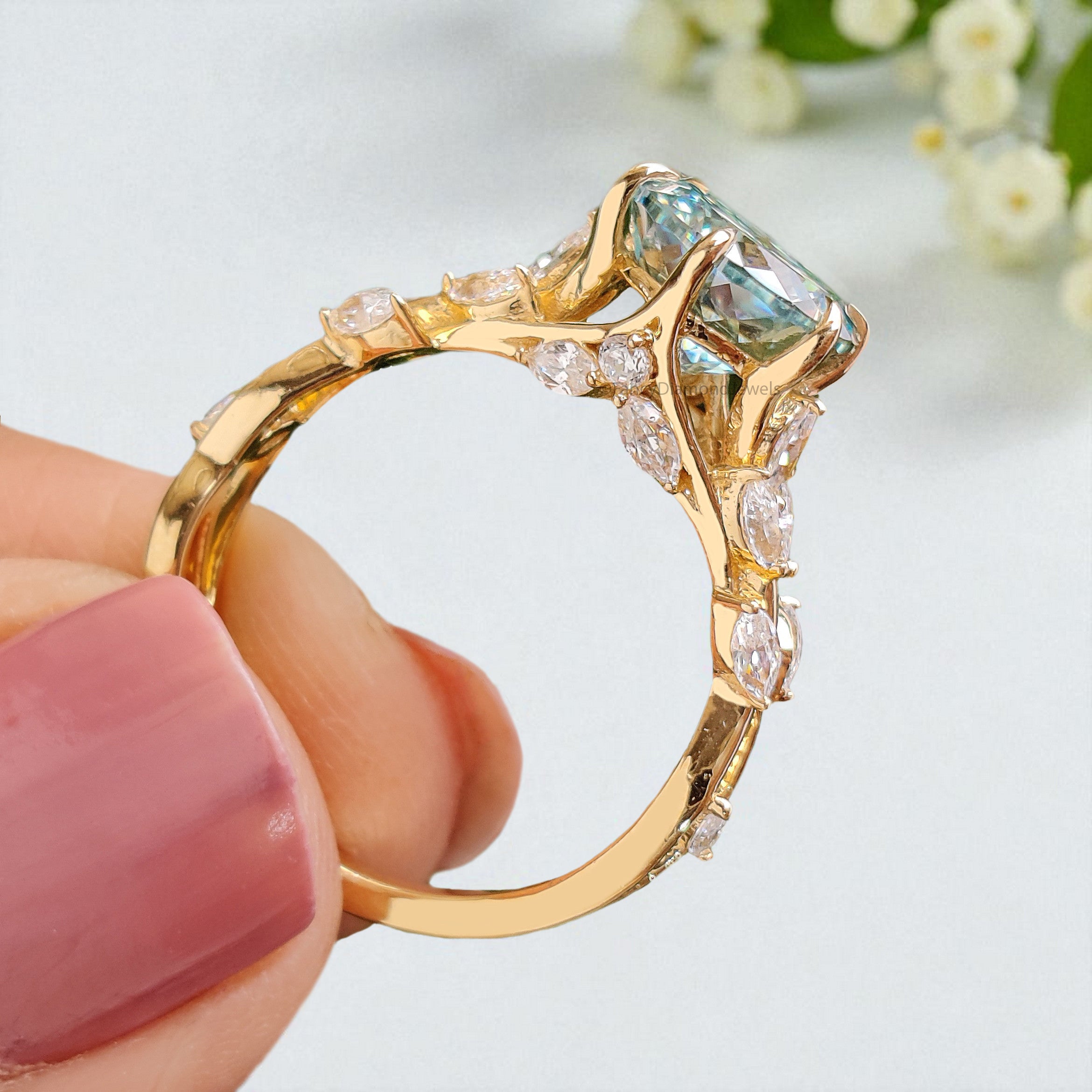 Floral Round Portuguese Cut Moissanite Engagement Ring Yellow Gold Ring Vintage Ring Anniversary Ring Nature Inspire Ring Wedding Ring FD408