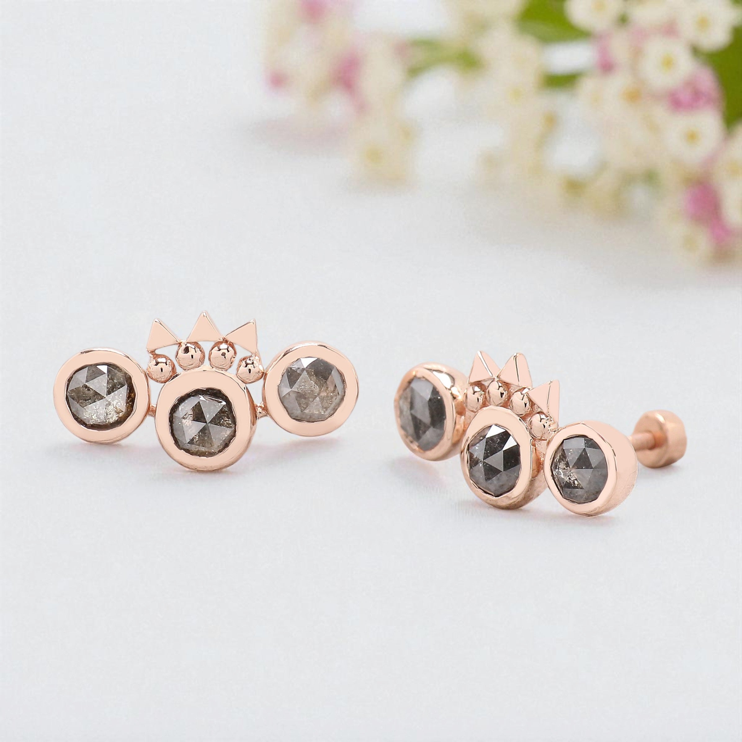 Round Salt And Pepper Diamond Earring Round Rose Shape Earring Bezel Earring Engagement Earring Earlobe Earrings Gift For Her KDN2059