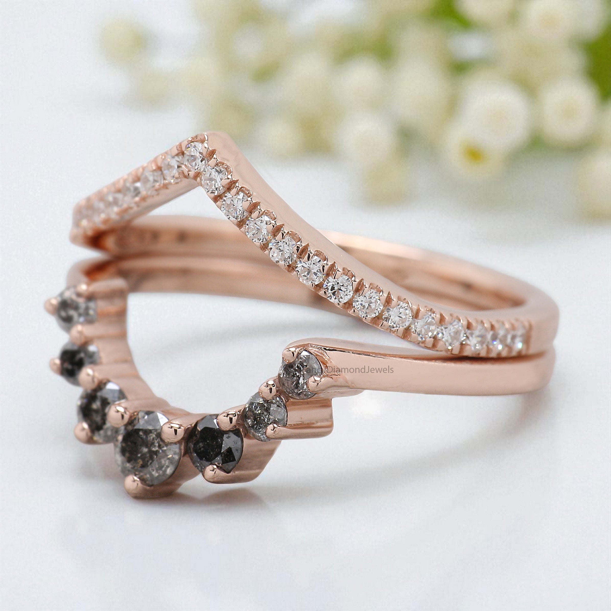 White /Salt And Pepper Round Diamond Wedding Ring V Shaped Band Silver/10K/14K/18K Band Half Eternity Engagement Band Anniversary Ring KD618