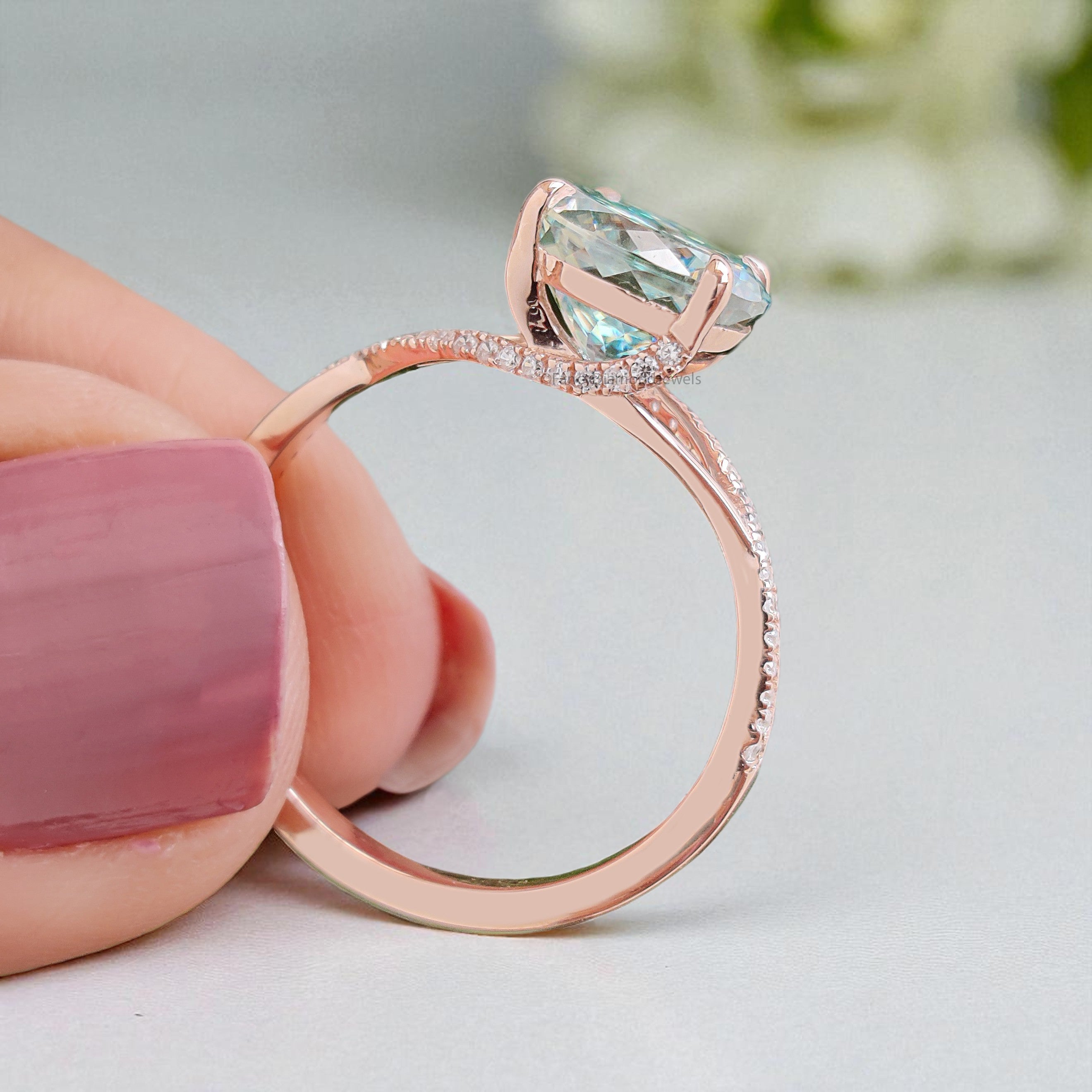 Round Portuguese Cut Aqua Blue Green Moissanite Engagement Ring Rose Gold Ring Vintage Ring Crossover Band Wedding Ring Gift For Her FD419