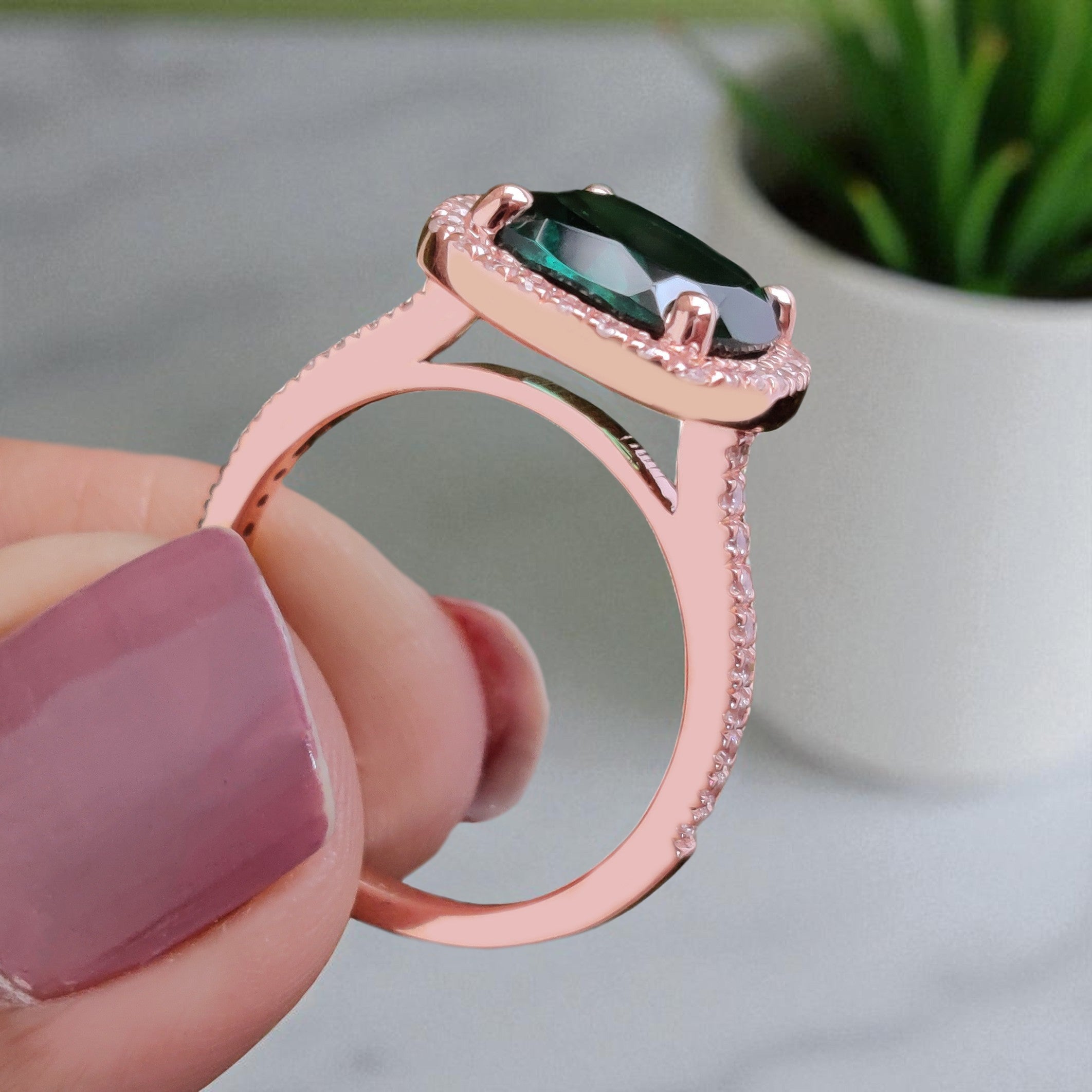 2.60 CT Cushion Cut Green Emerald Engagement Ring Rose Gold Ring Cushion Wedding Ring Unique Art Deco Vintage Halo Ring Gift For Her FD422