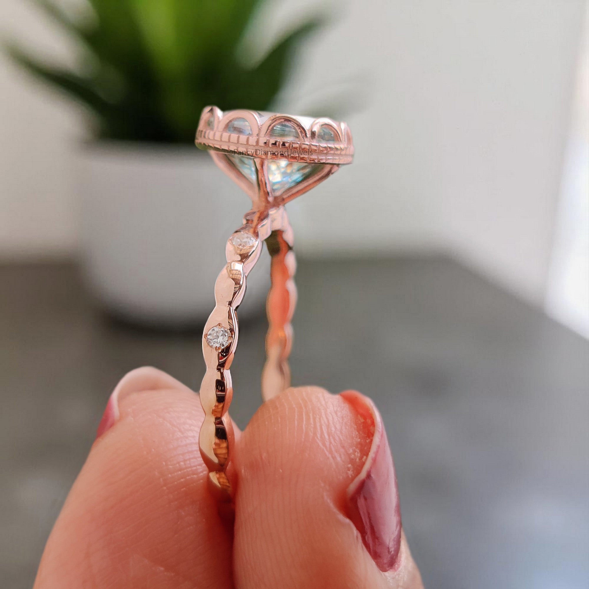 Portuguese Round Shape Blue Moissanite Engagement Ring Bezel Set Rose Gold Vintage Ring Anniversary Ring Gift For Her Wedding Ring FD382