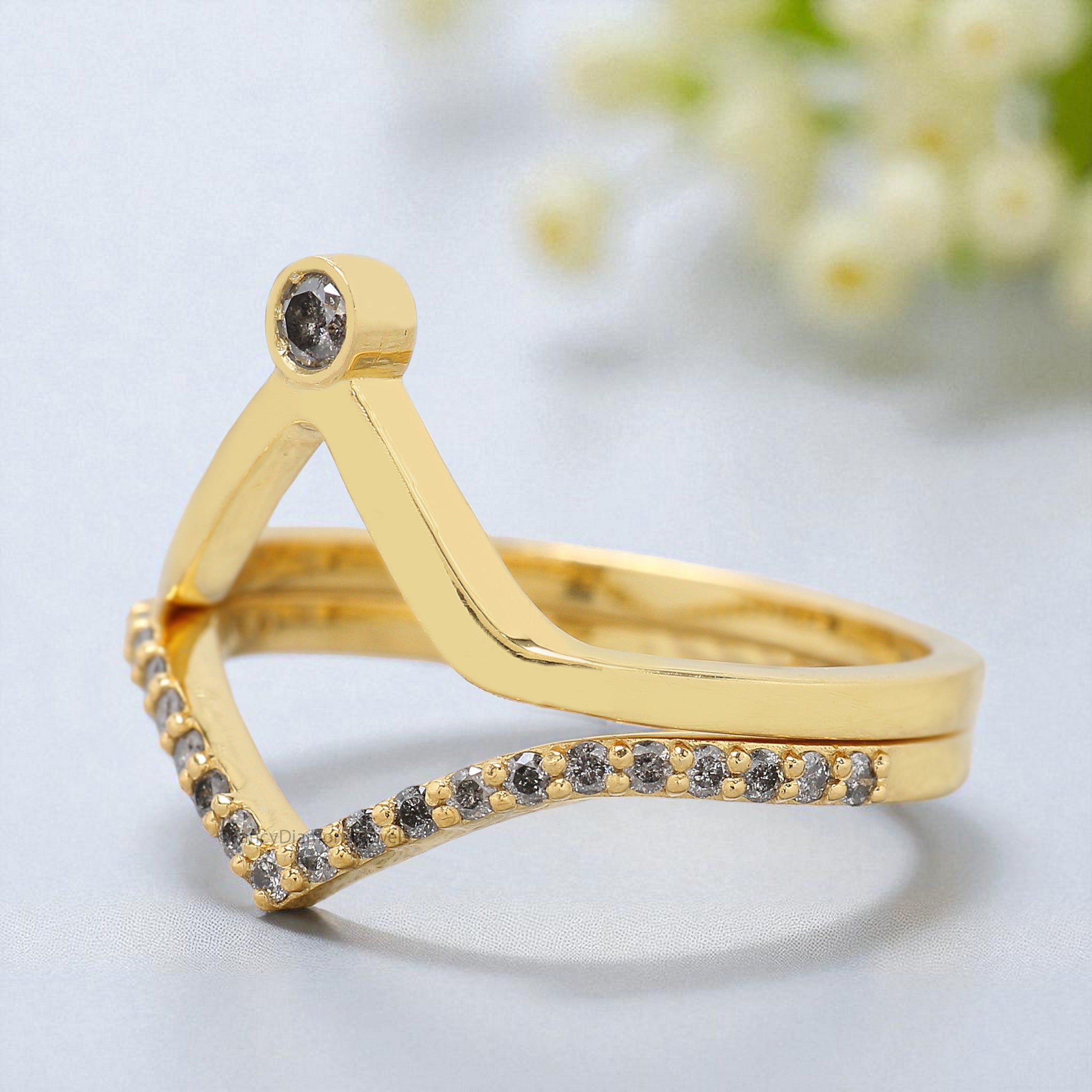 Double Banded Salt And Pepper Round Diamond Wedding Band Silver/10K/14K/18K Gold Band Half Eternity Engagement Band Anniversary Ring KD620