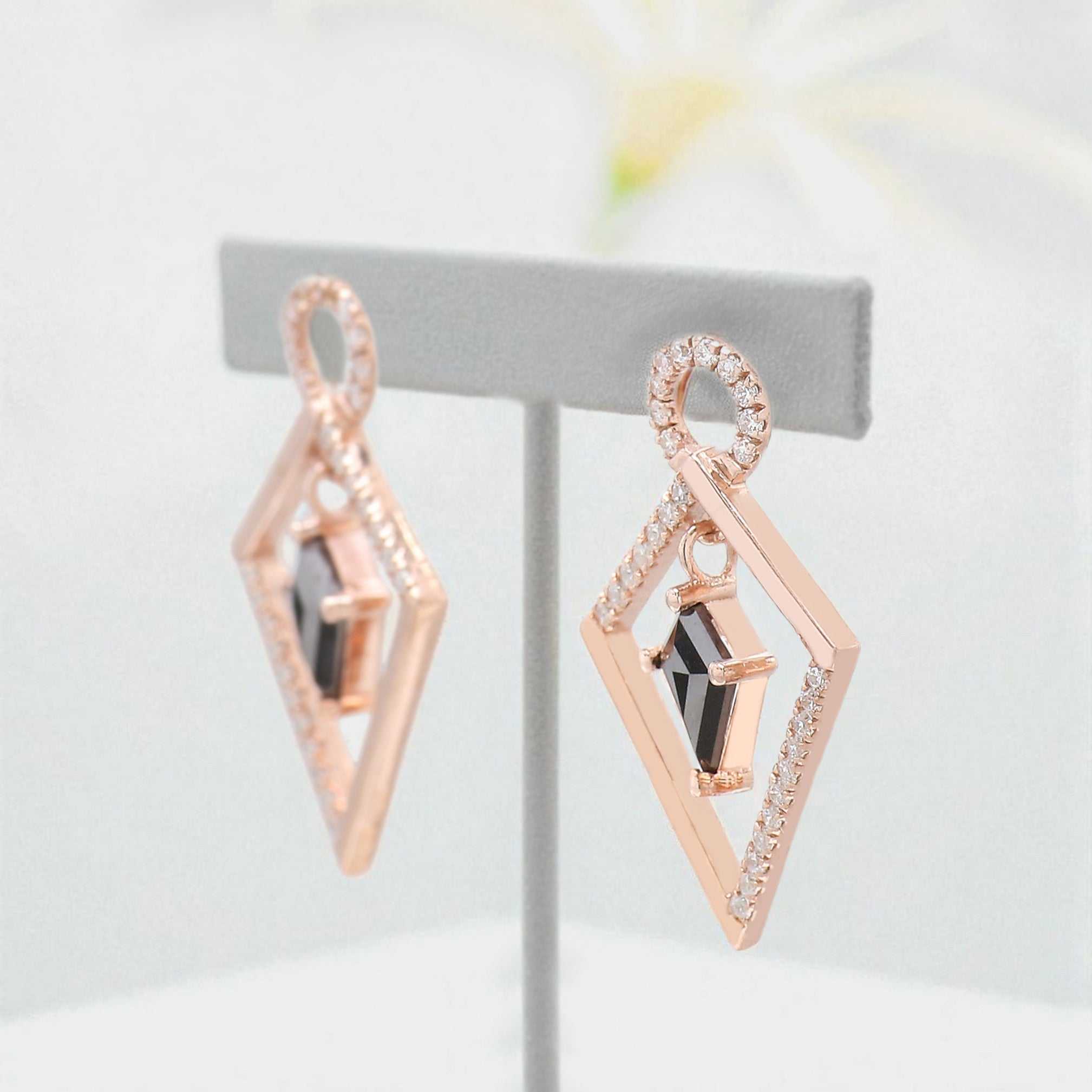 Kite Cut Black Color Diamond Earring 0.64 Ct 7.06 MM Kite Diamond Earring 14K Solid Rose Gold Silver Kite Shape Earring Gift For Her KDN2273