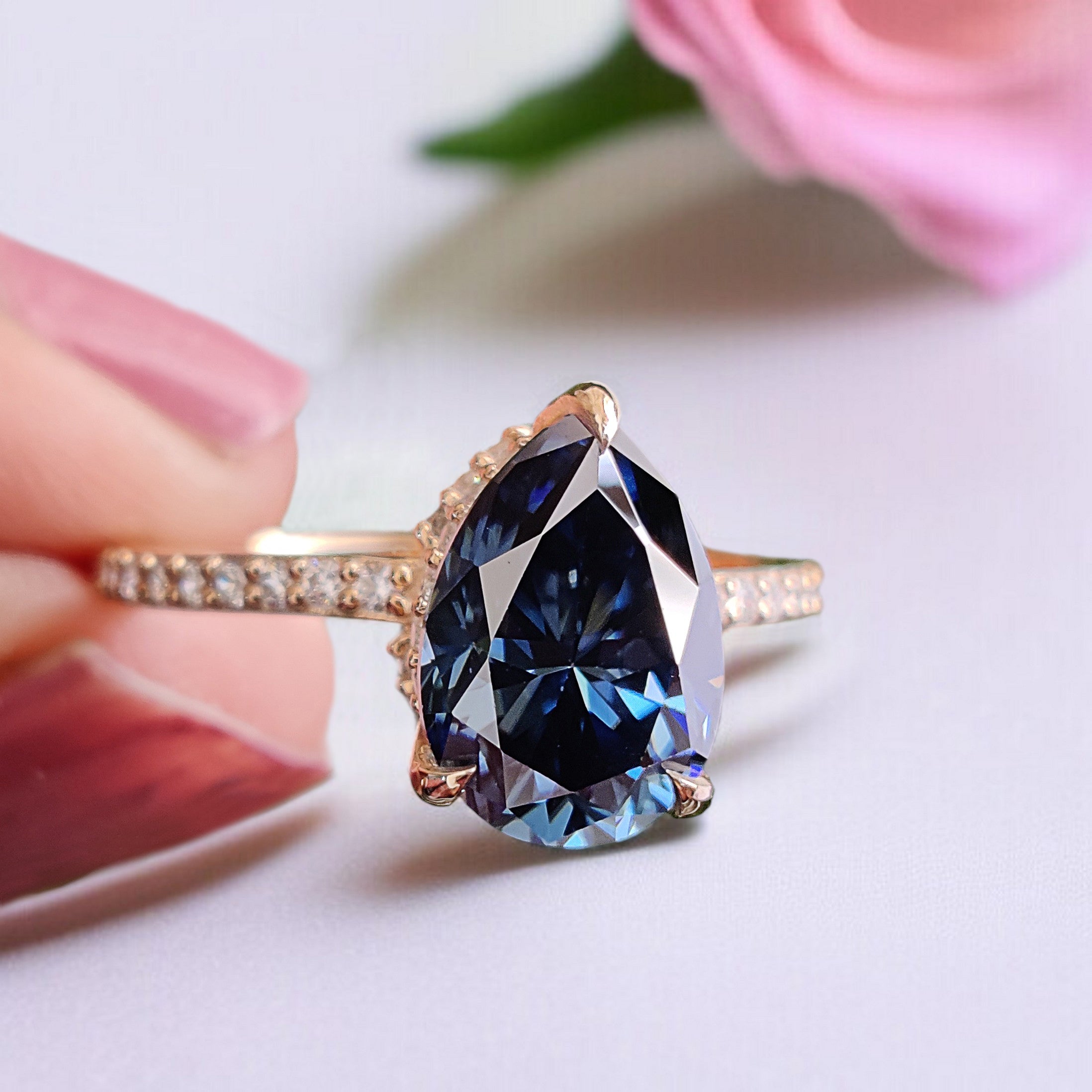 Pear Royal Blue Moissanite Ring Hidden Halo Engagement Ring 2.15 TW Pear Shaped Moissanite Best Proposal Ring Anniversary Gift Ring FD464