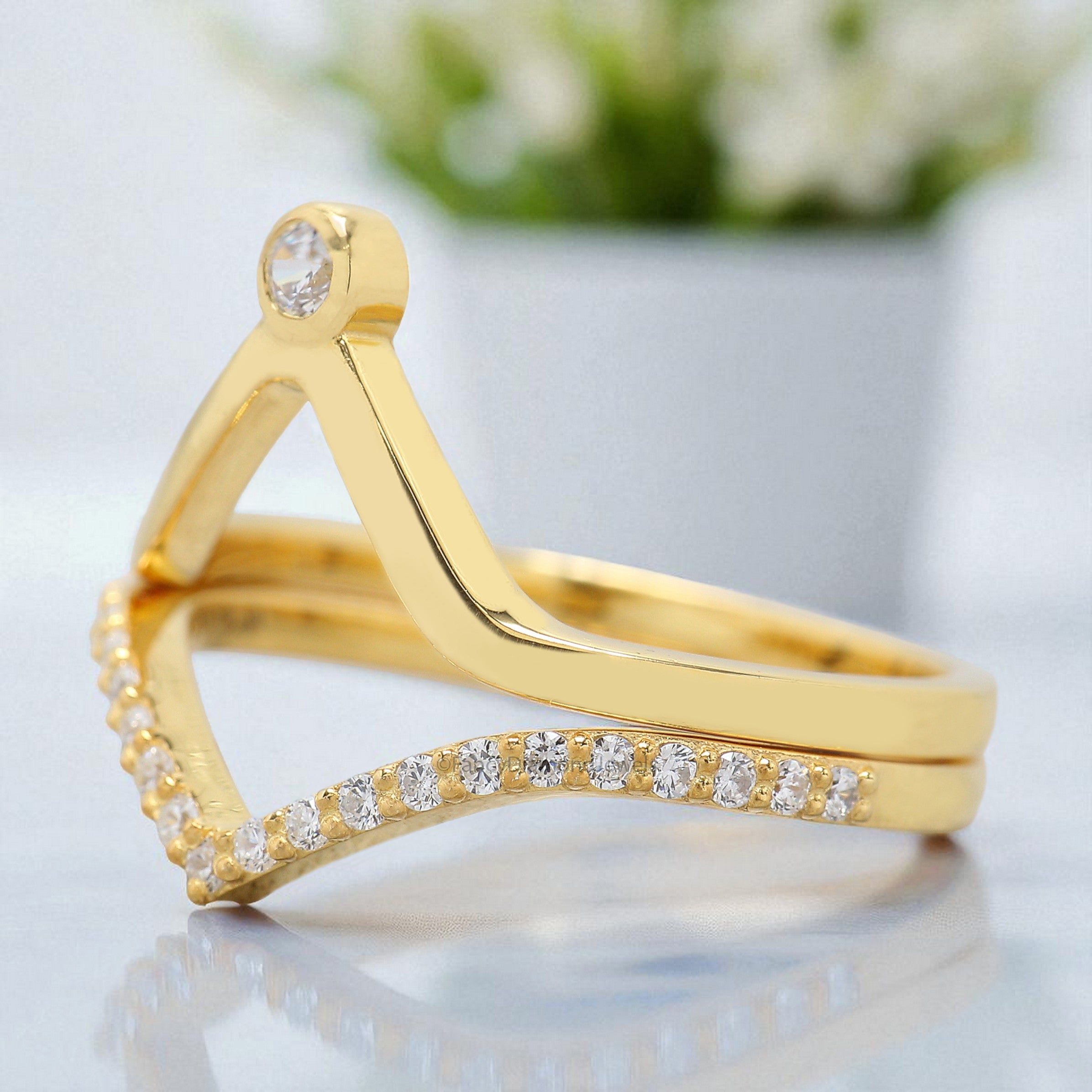 Double Banded Wedding Ring 0.21 CTW Round Diamond Band V Shaped Silver/10K/14K/18K Band Half Eternity Engagement Band Anniversary Ring FD392