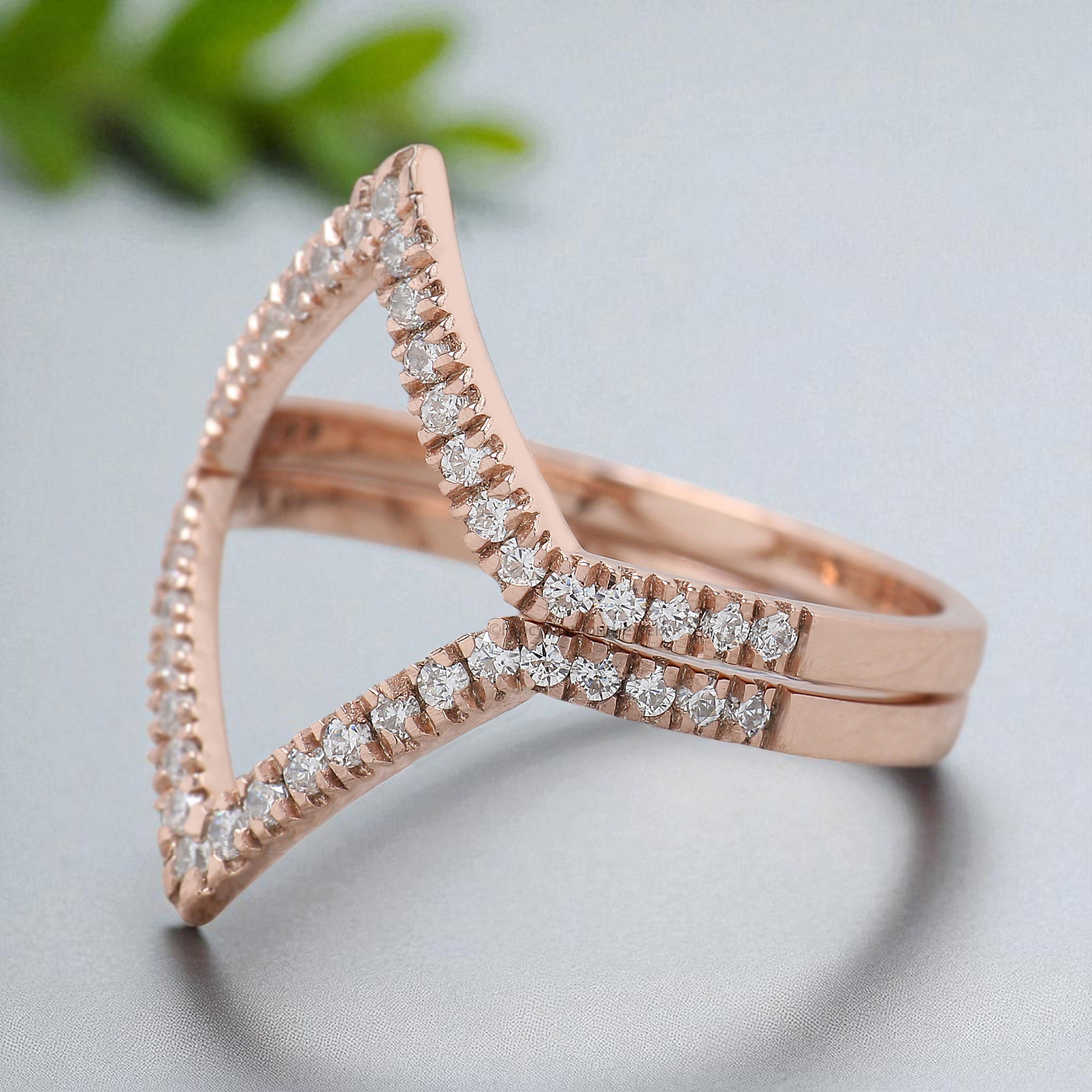 V Shaped Round Diamond Band Double Banded Wedding Ring Silver/10K/14K/18K Band Half Eternity Ring Engagement Band Anniversary Ring KD570