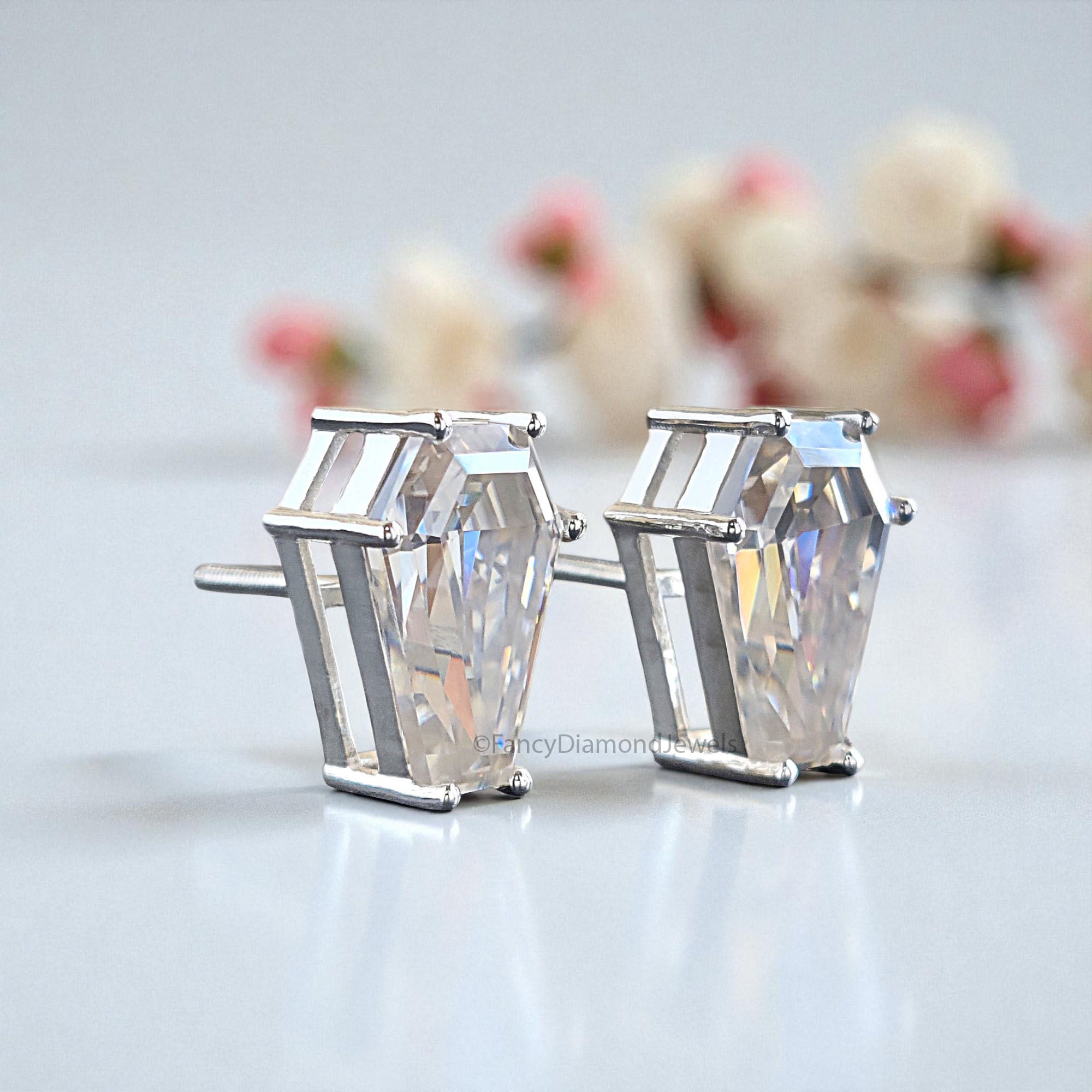 Moissanite Diamond Stud Earrings Coffin Cut Moissanite Earrings 8.35 TW Colorless Moissanite Screw Back Earrings Gift for Women FD59