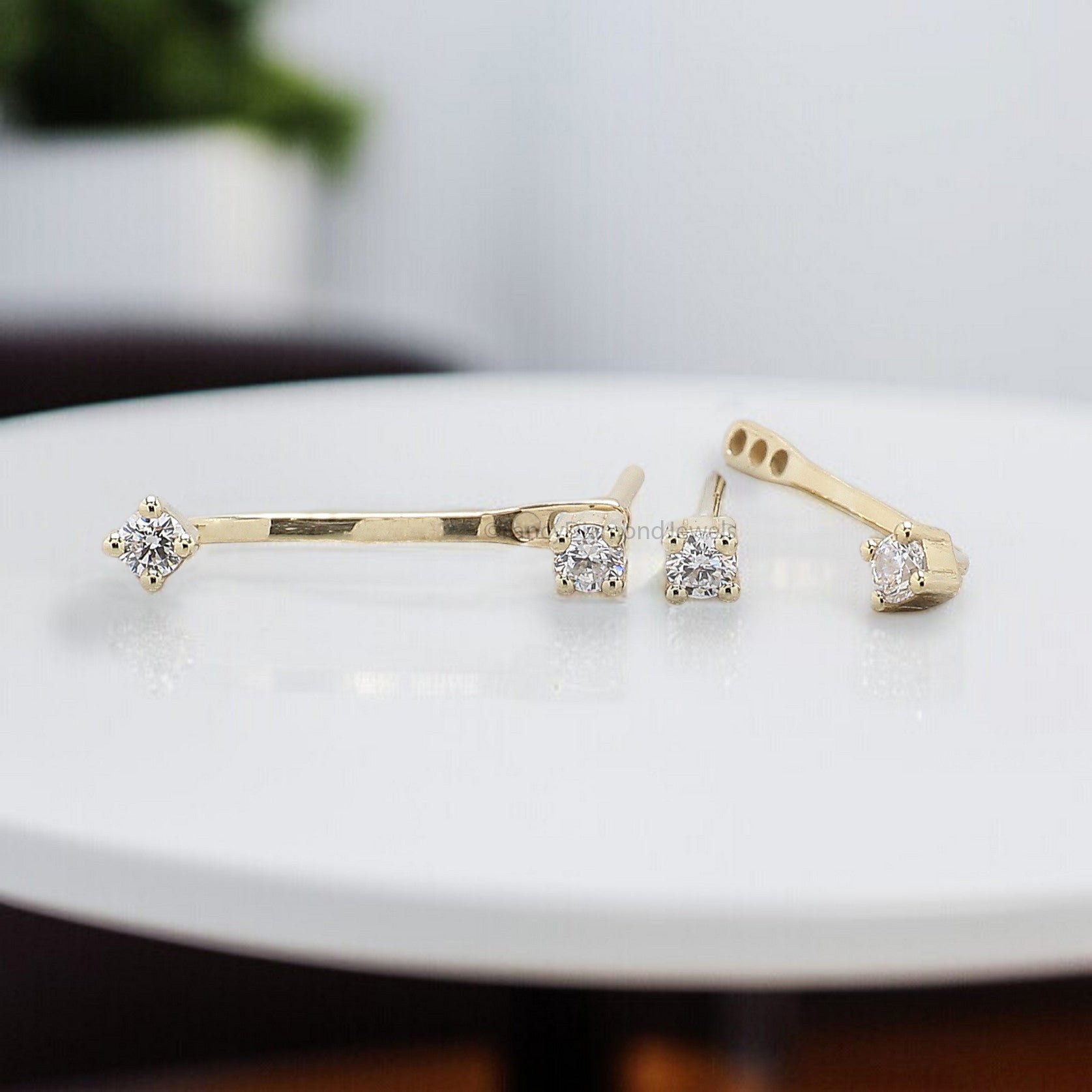 Front Back Earring Set ear jacket Round Brilliant Cut Colorless Moissanite Gold Ear Cuff jacket earrings minimal earring Gold Ear Wrap FD327