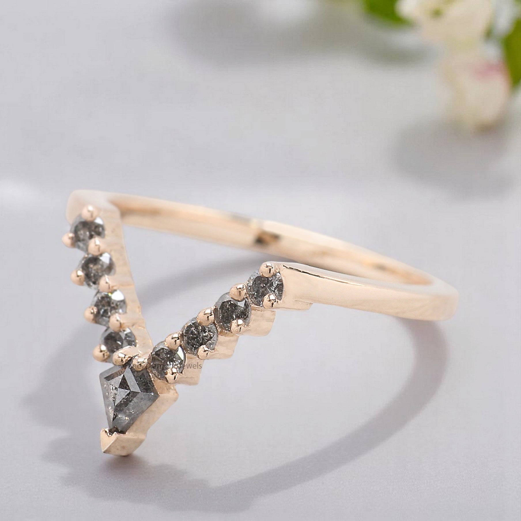 Salt And Pepper 0.32 TW Diamond Wedding Band Deep V Shape Band Silver/10K/14K/18K Gold Half Eternity anniversary Ring Gift For Her KD839