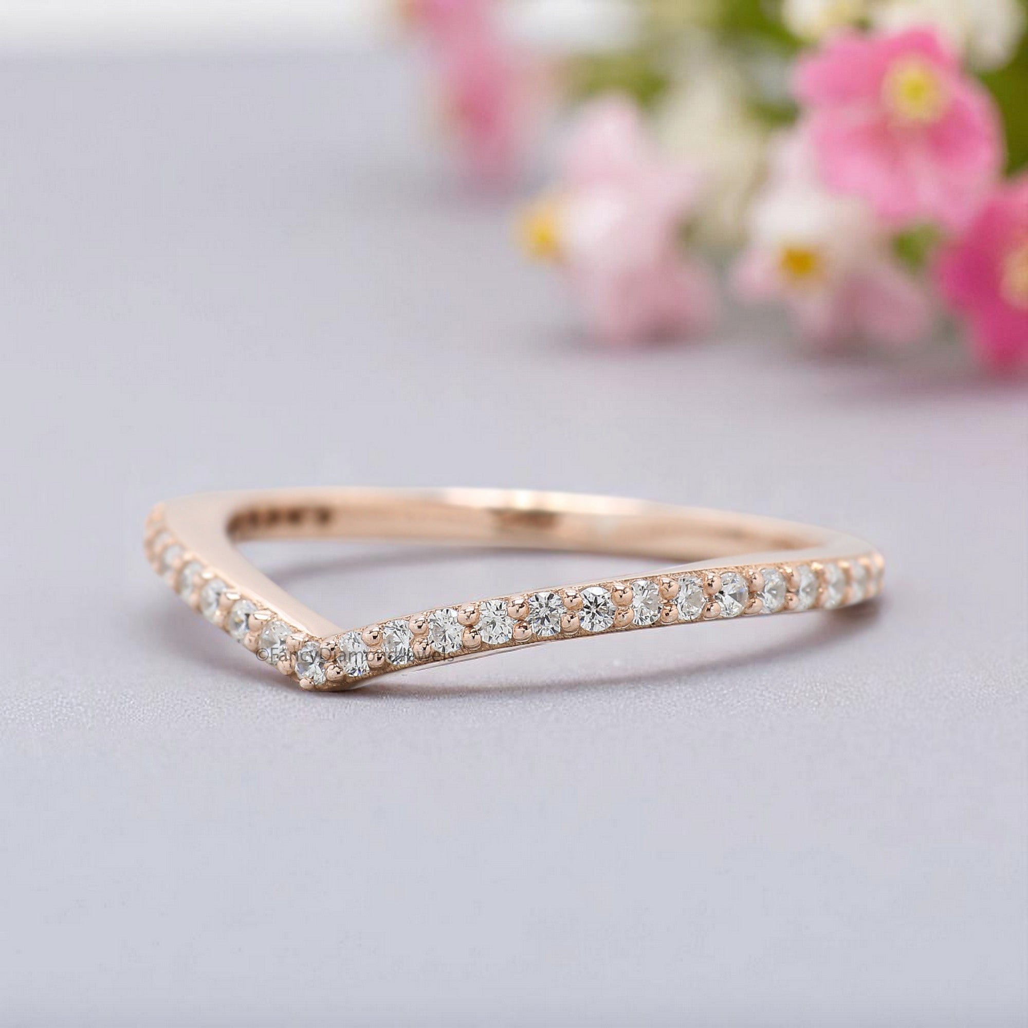 V Shaped Wedding Band 0.20 TW Round Diamond Band Rose Gold Silver/10K/14K/18K Engagement Band Half Eternity Anniversary Ring FD377