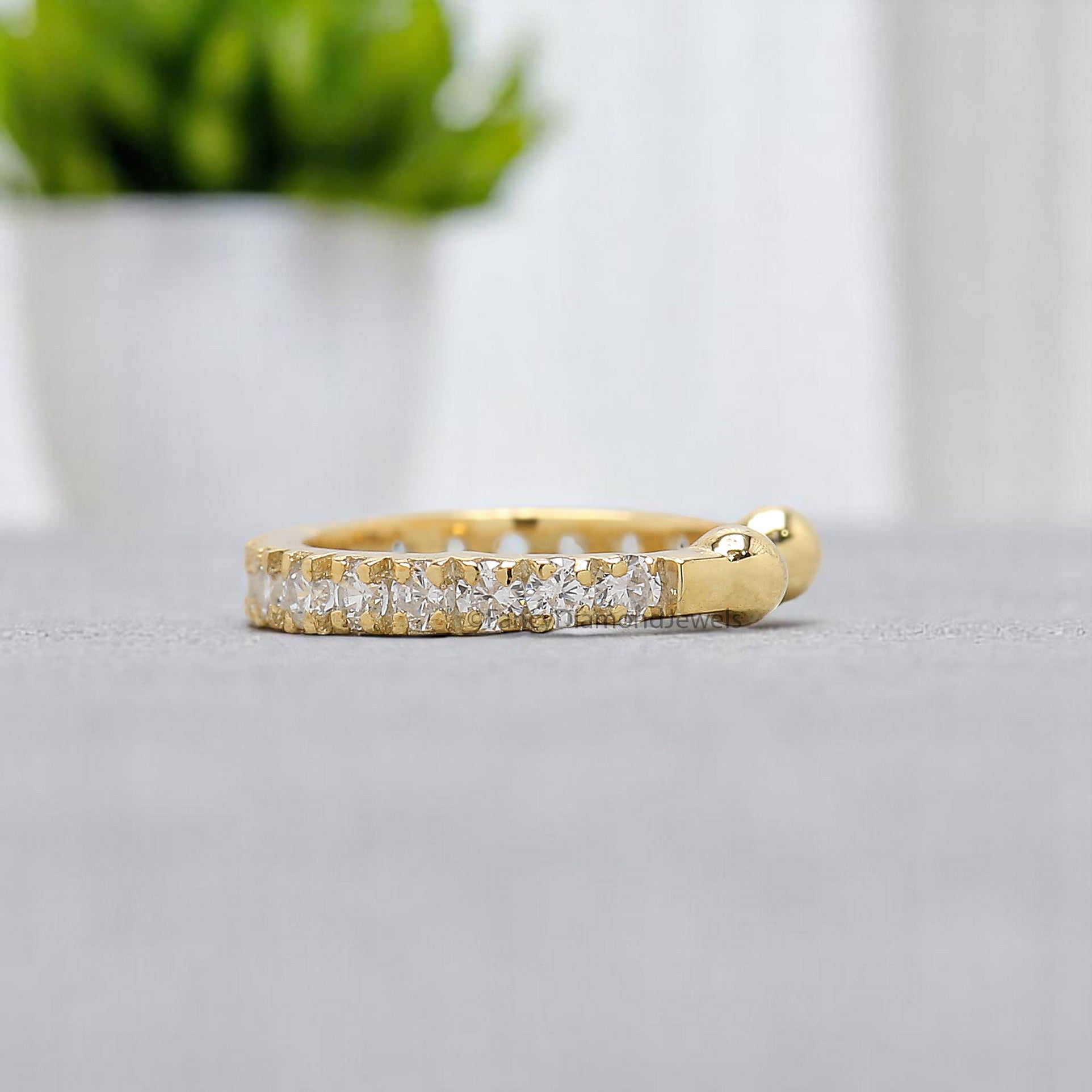 Round Brilliant Cut Colorless Moissanite Diamond Ear Cuff Dainty Ear Cuff Halo Set Sterling Silver Helix Piercing Yellow Gold Ear Wrap FD366