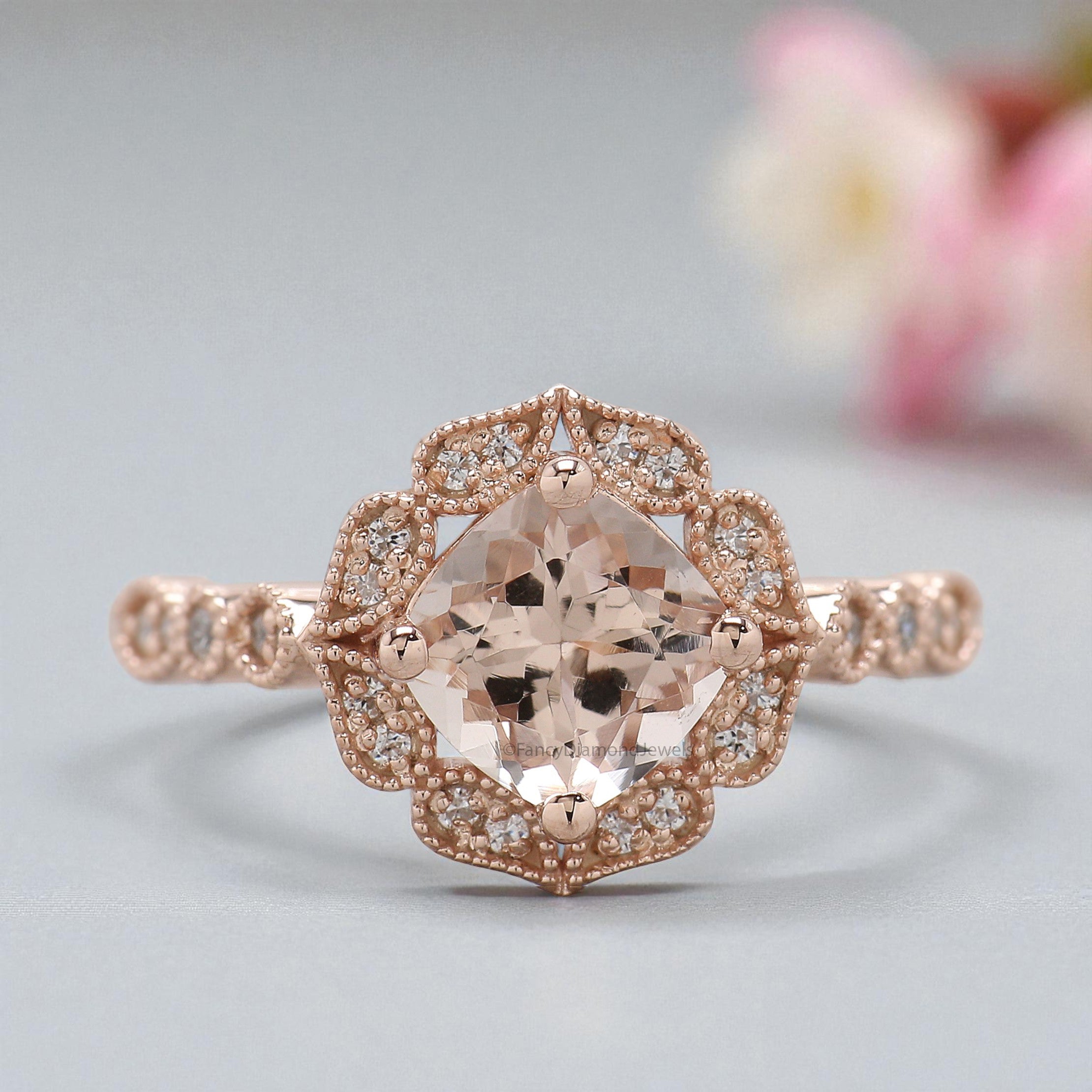 1.00 CT Cushion Cut Natural Morganite Engagement Ring Set Rose Gold Ring Round Diamond Wedding Ring Unique Halo Ring Gift For Her FD451
